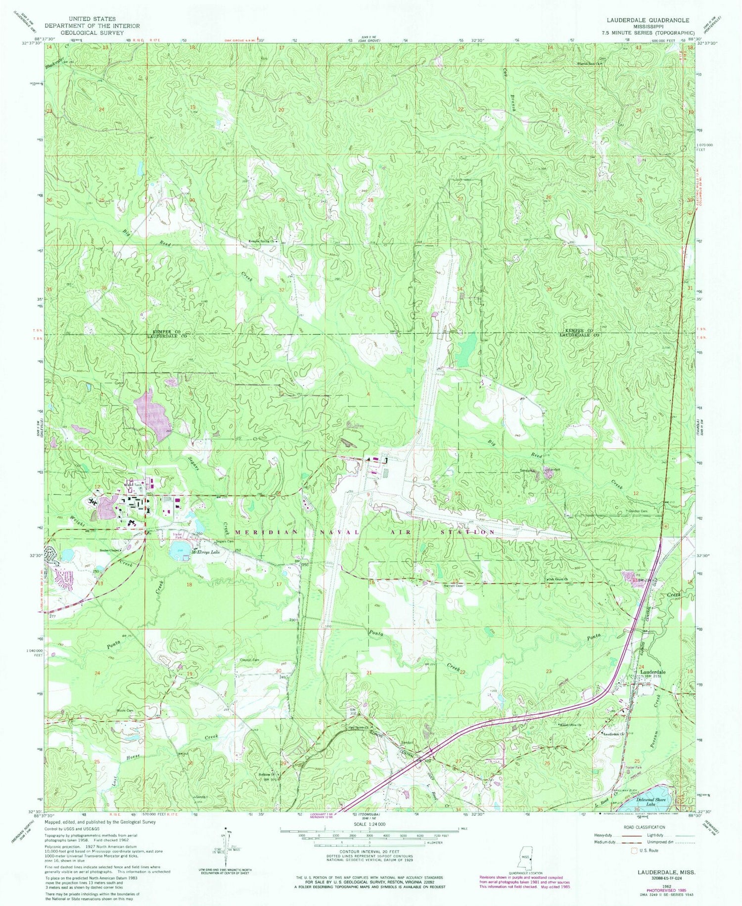 Classic USGS Lauderdale Mississippi 7.5'x7.5' Topo Map Image