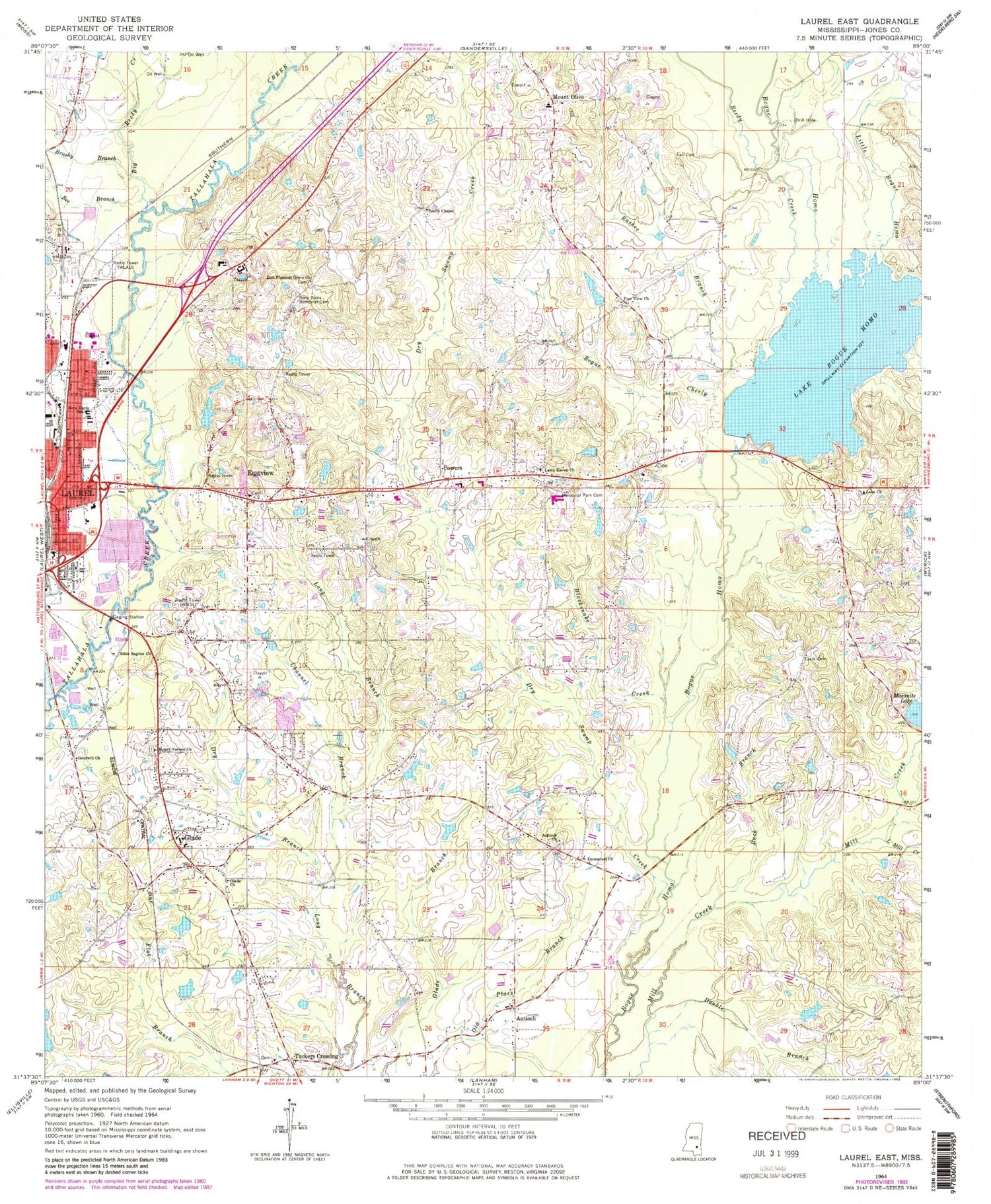 Classic USGS Laurel East Mississippi 7.5'x7.5' Topo Map Image
