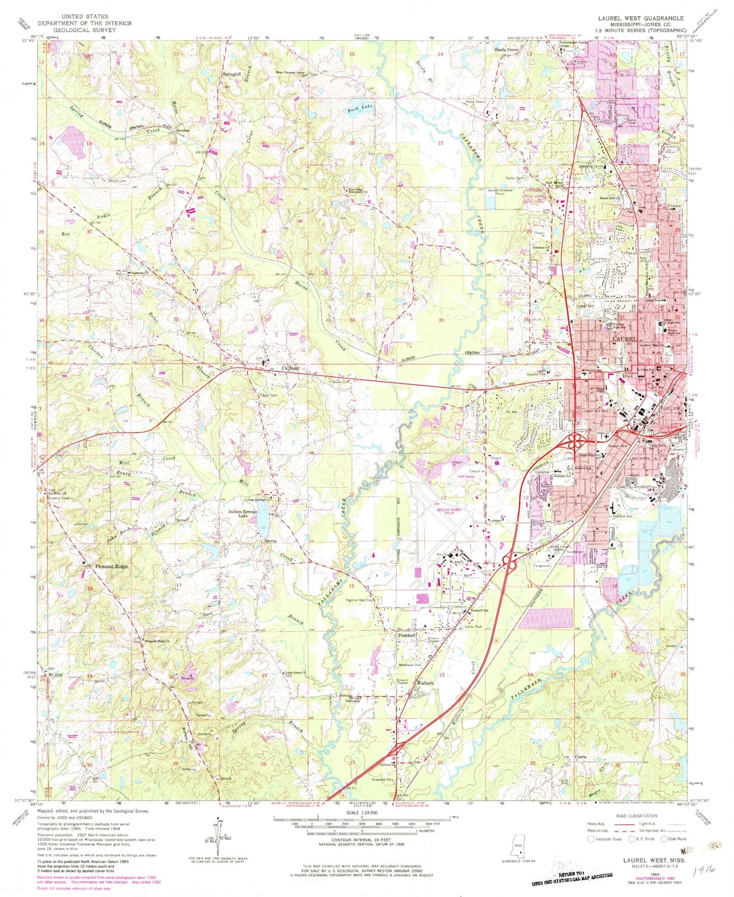 Classic USGS Laurel West Mississippi 7.5'x7.5' Topo Map Image