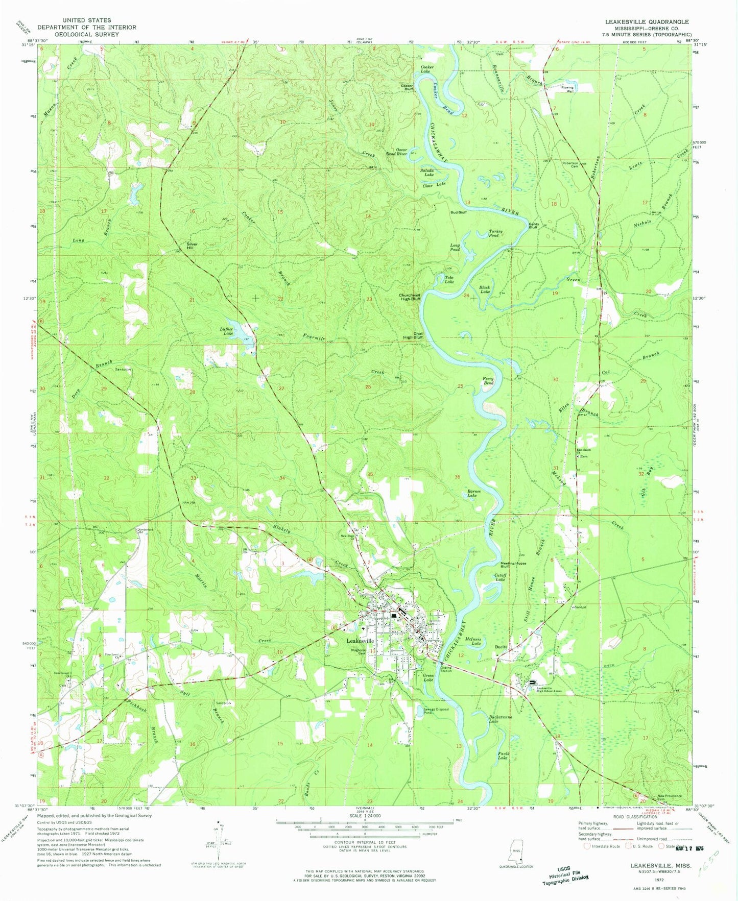 Classic USGS Leakesville Mississippi 7.5'x7.5' Topo Map Image
