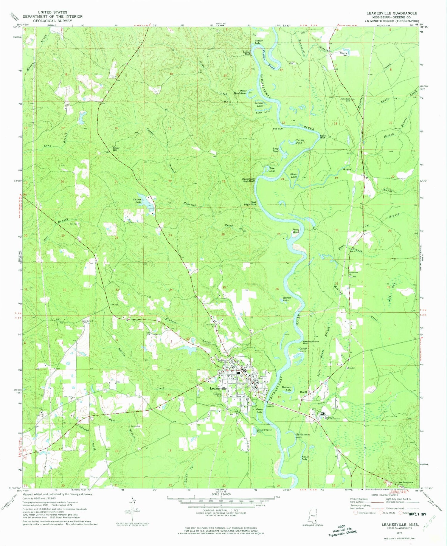 Classic USGS Leakesville Mississippi 7.5'x7.5' Topo Map Image