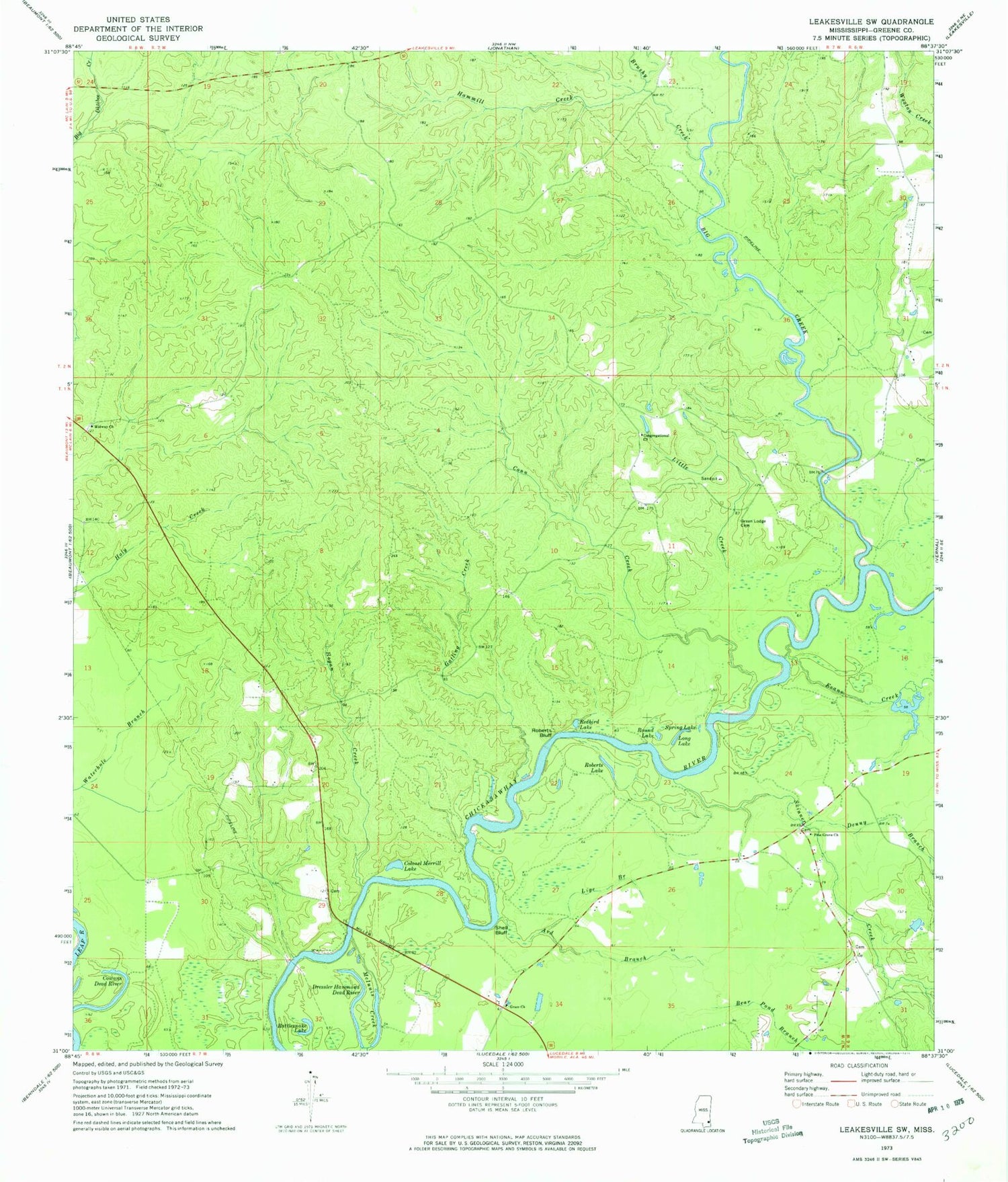 Classic USGS Leakesville SW Mississippi 7.5'x7.5' Topo Map Image