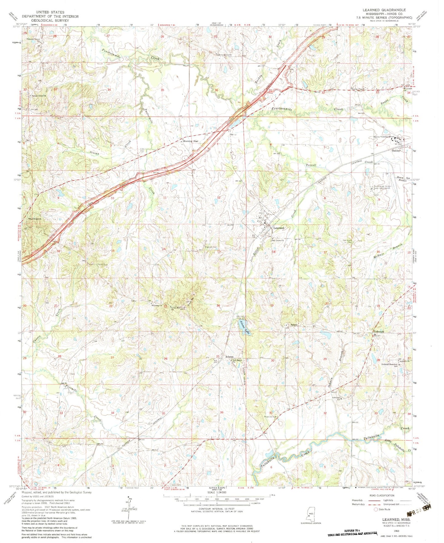 Classic USGS Learned Mississippi 7.5'x7.5' Topo Map Image
