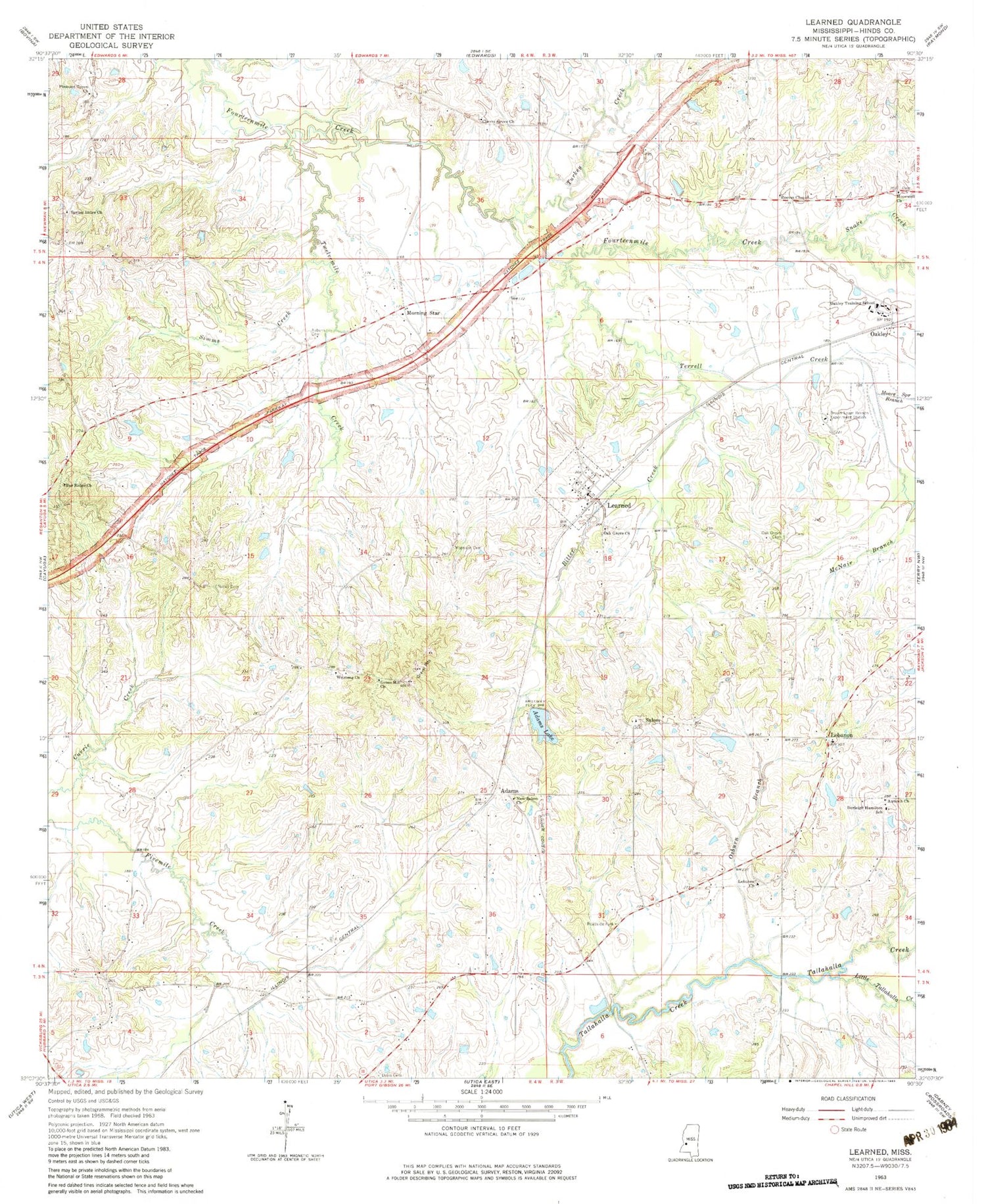 Classic USGS Learned Mississippi 7.5'x7.5' Topo Map Image