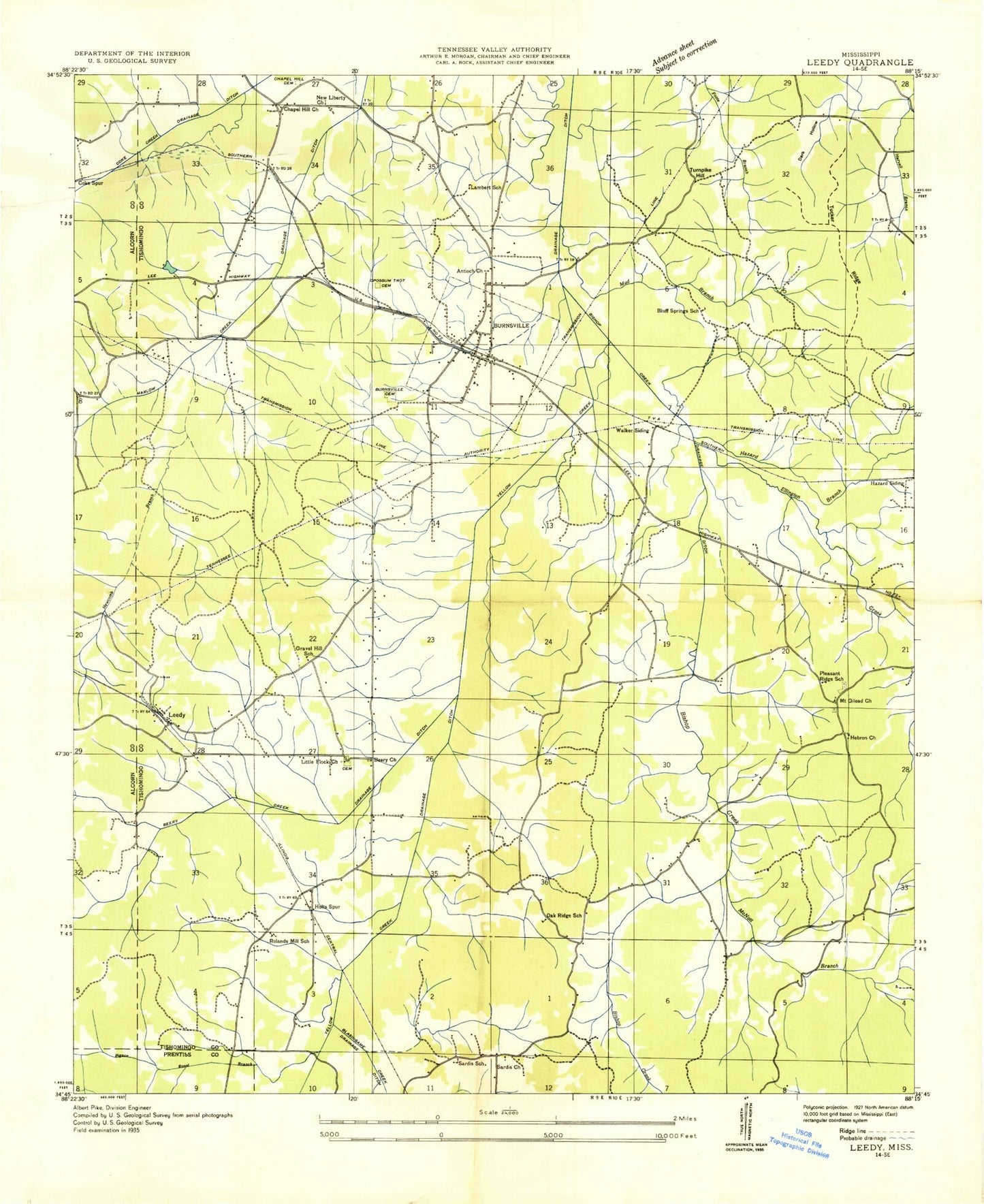 Classic USGS Burnsville Mississippi 7.5'x7.5' Topo Map Image