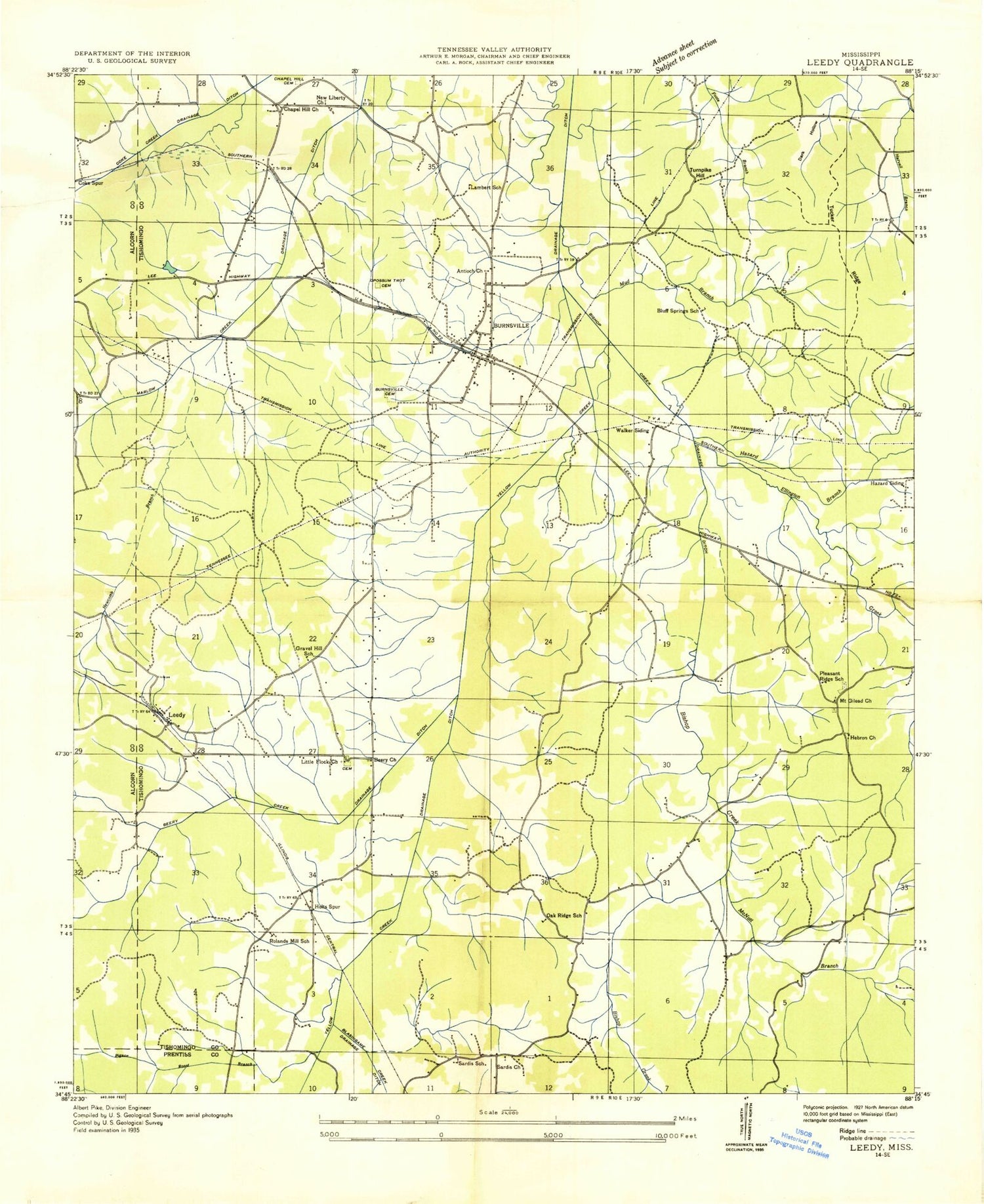 Classic USGS Burnsville Mississippi 7.5'x7.5' Topo Map Image