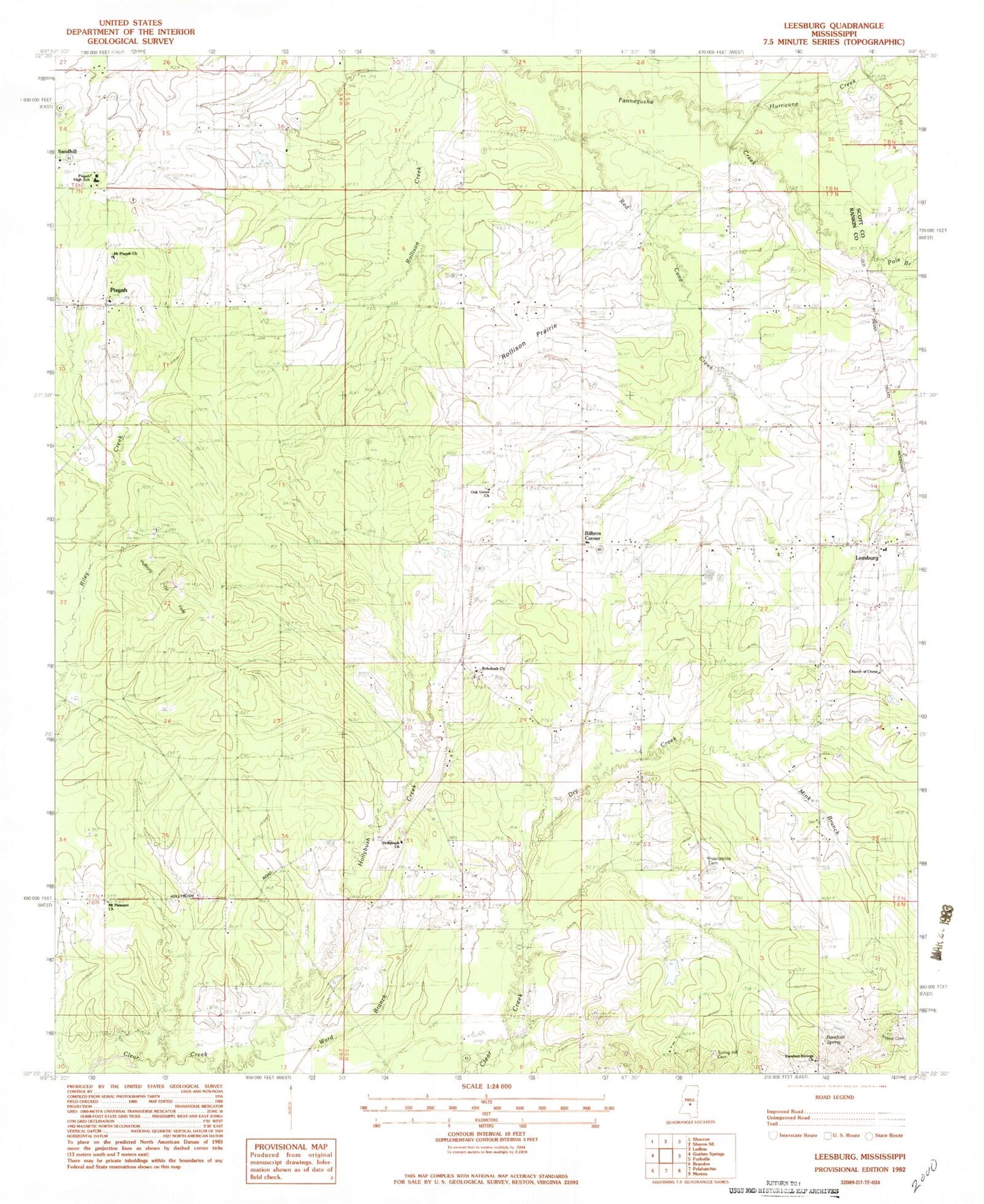 Classic USGS Leesburg Mississippi 7.5'x7.5' Topo Map Image