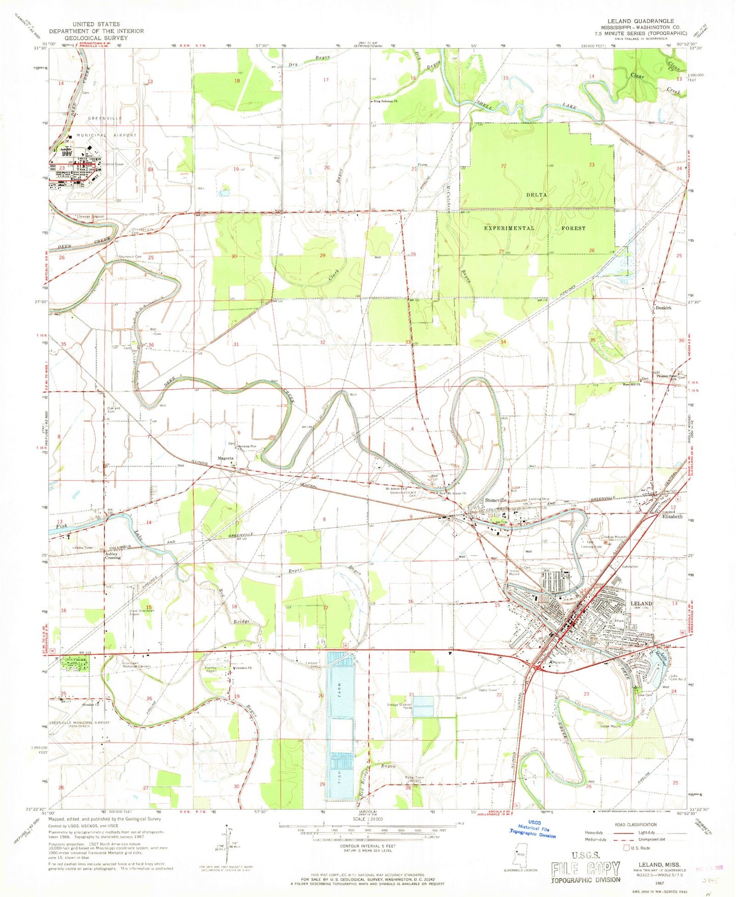 Classic USGS Leland Mississippi 7.5'x7.5' Topo Map Image