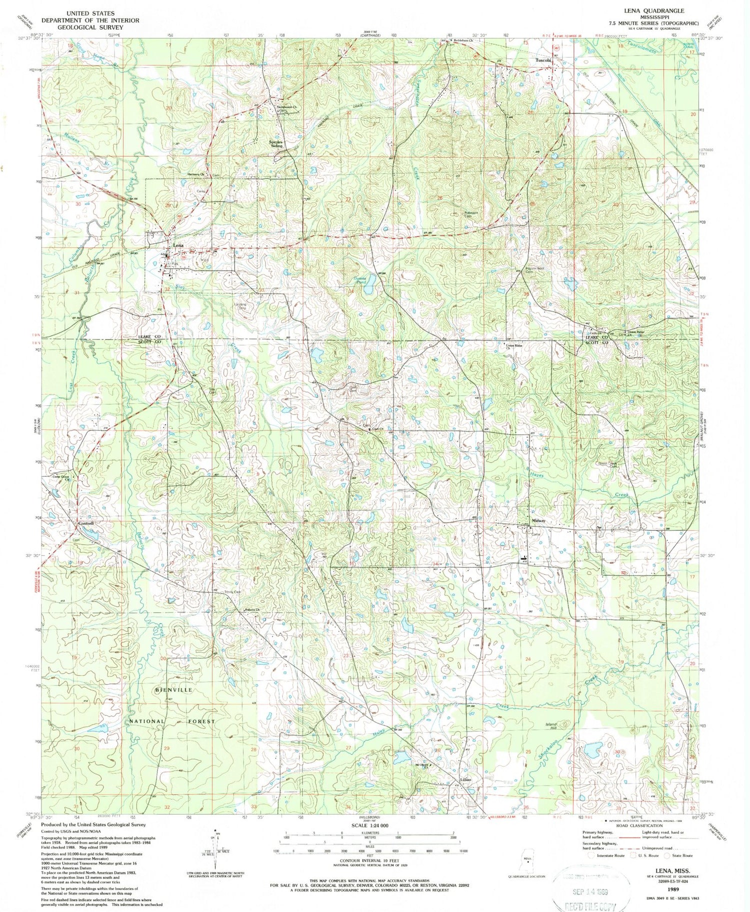 Classic USGS Lena Mississippi 7.5'x7.5' Topo Map Image