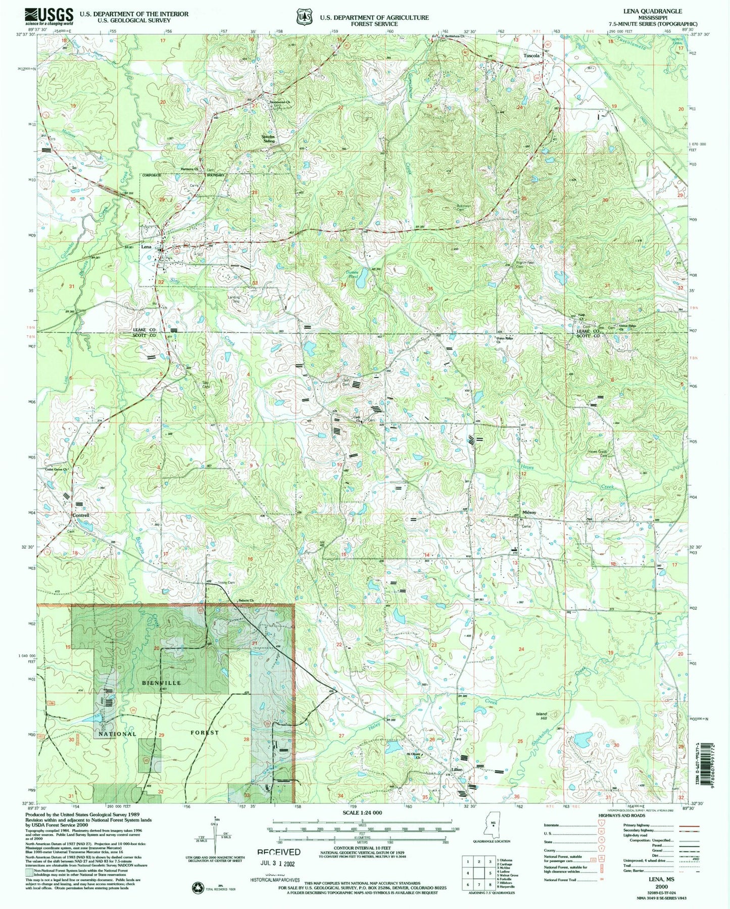 Classic USGS Lena Mississippi 7.5'x7.5' Topo Map Image