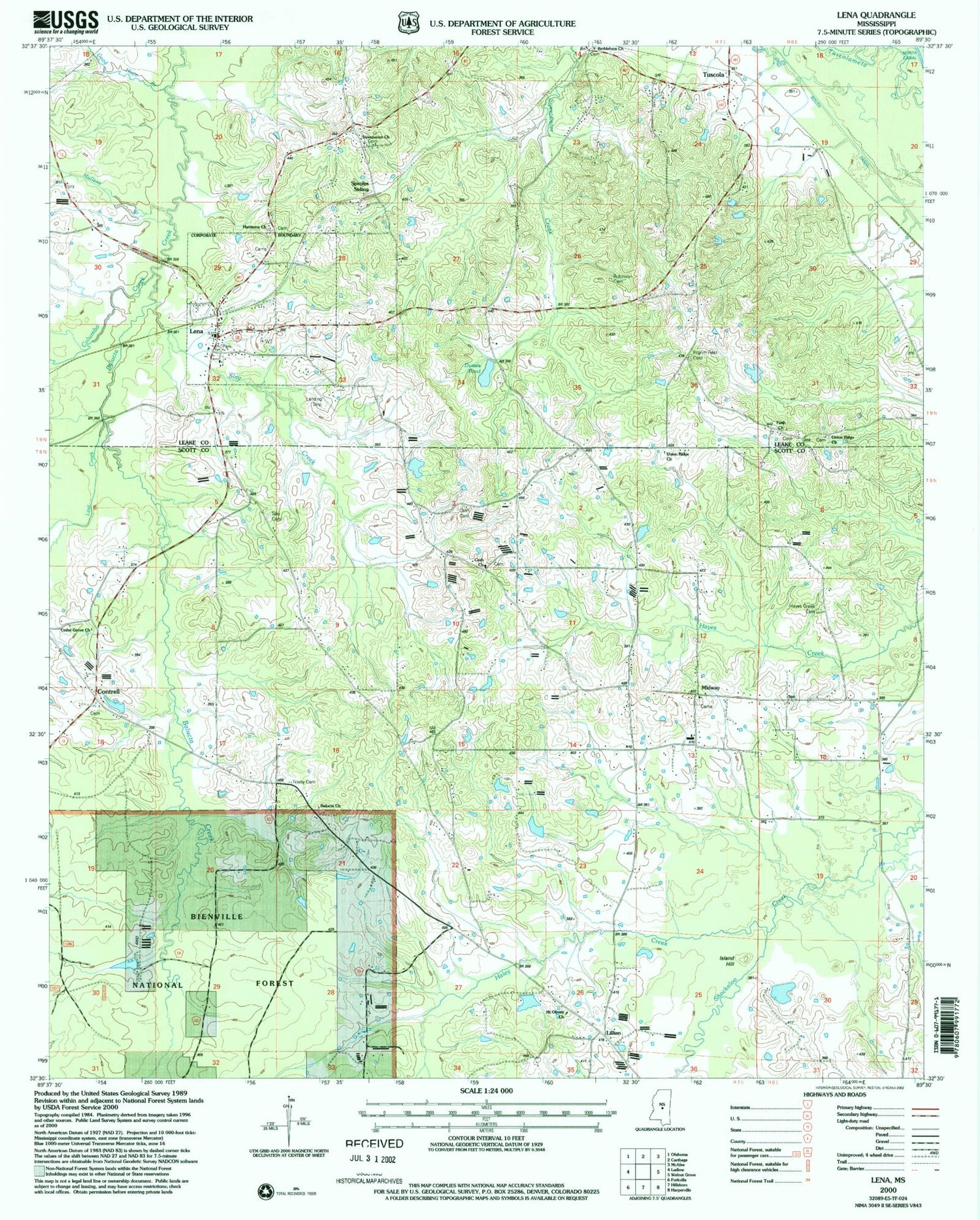 Classic USGS Lena Mississippi 7.5'x7.5' Topo Map Image
