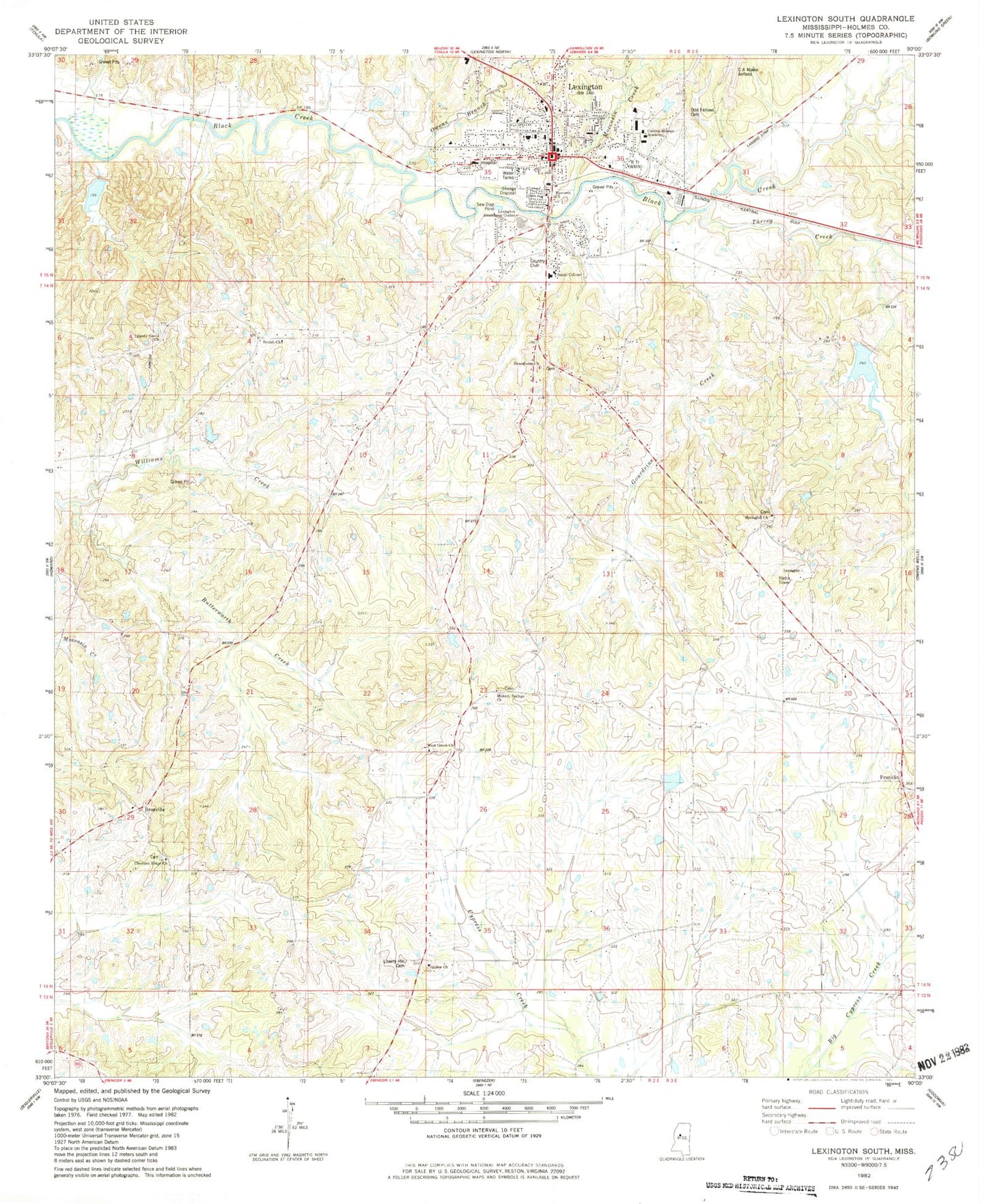 Classic USGS Lexington South Mississippi 7.5'x7.5' Topo Map Image