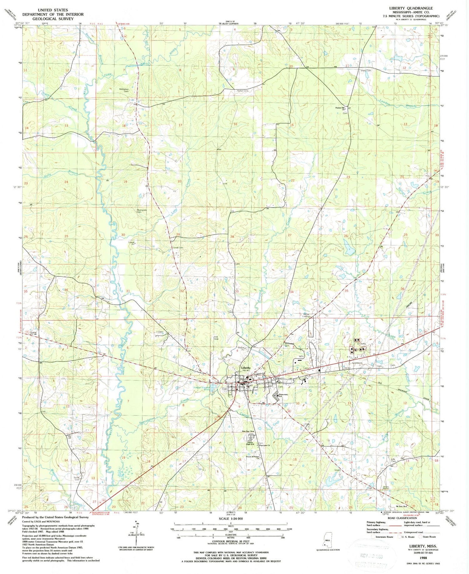 Classic USGS Liberty Mississippi 7.5'x7.5' Topo Map Image