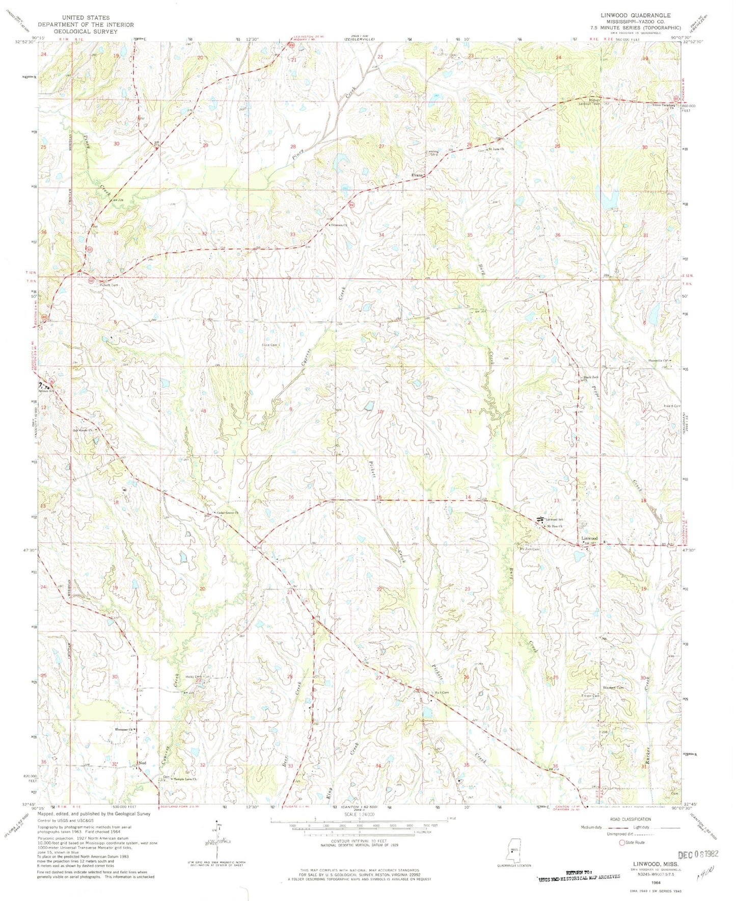 Classic USGS Linwood Mississippi 7.5'x7.5' Topo Map Image