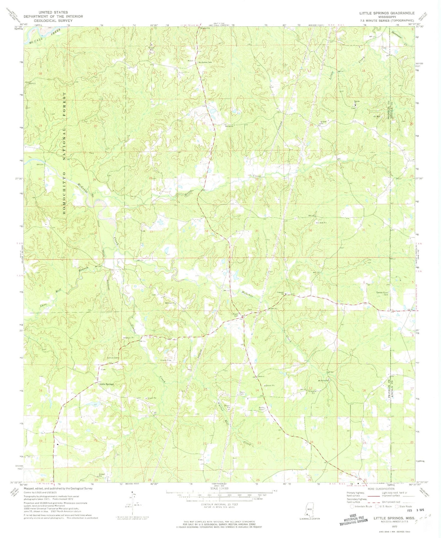 Classic USGS Little Springs Mississippi 7.5'x7.5' Topo Map Image
