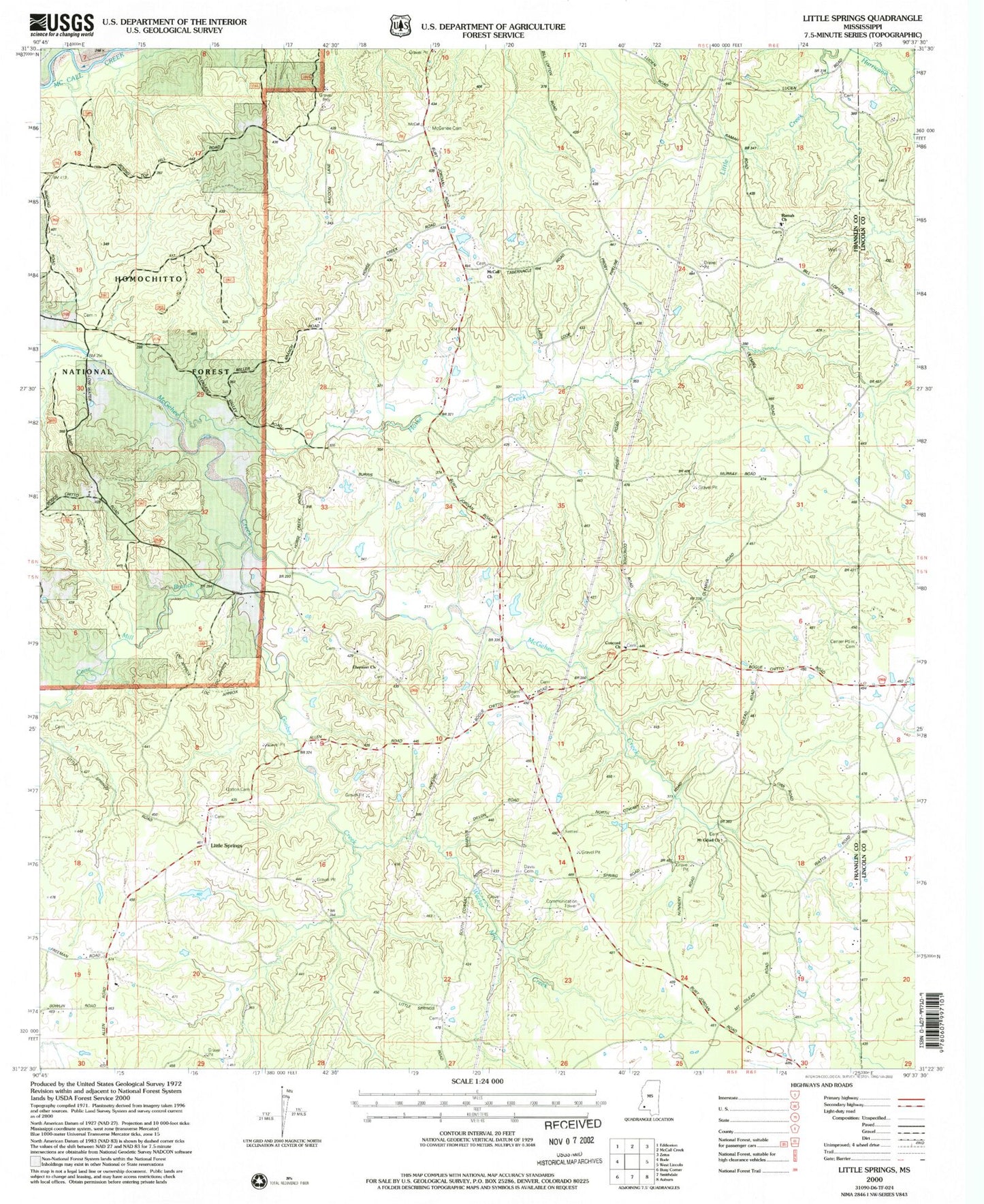 Classic USGS Little Springs Mississippi 7.5'x7.5' Topo Map Image