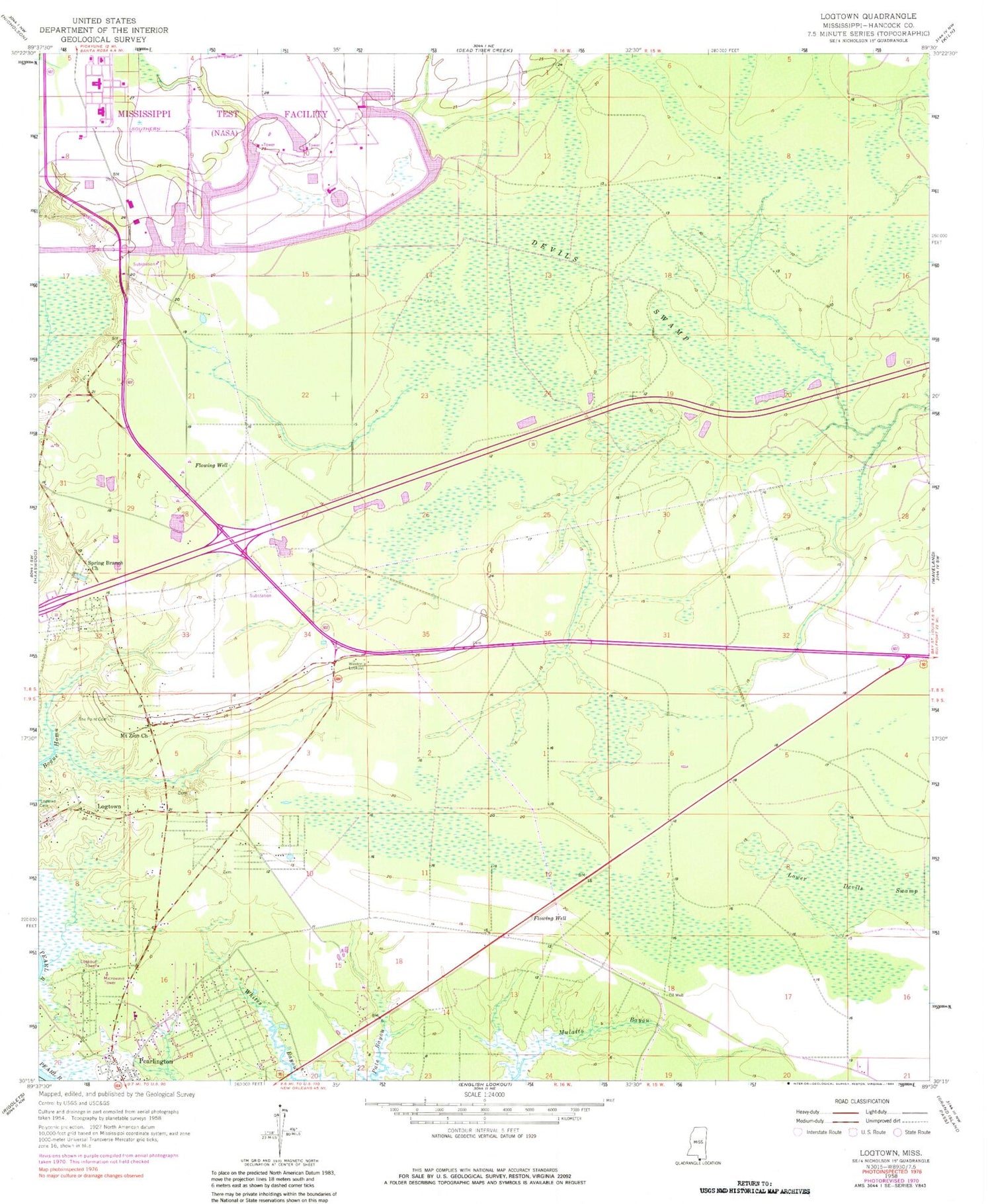 Classic USGS Logtown Mississippi 7.5'x7.5' Topo Map Image