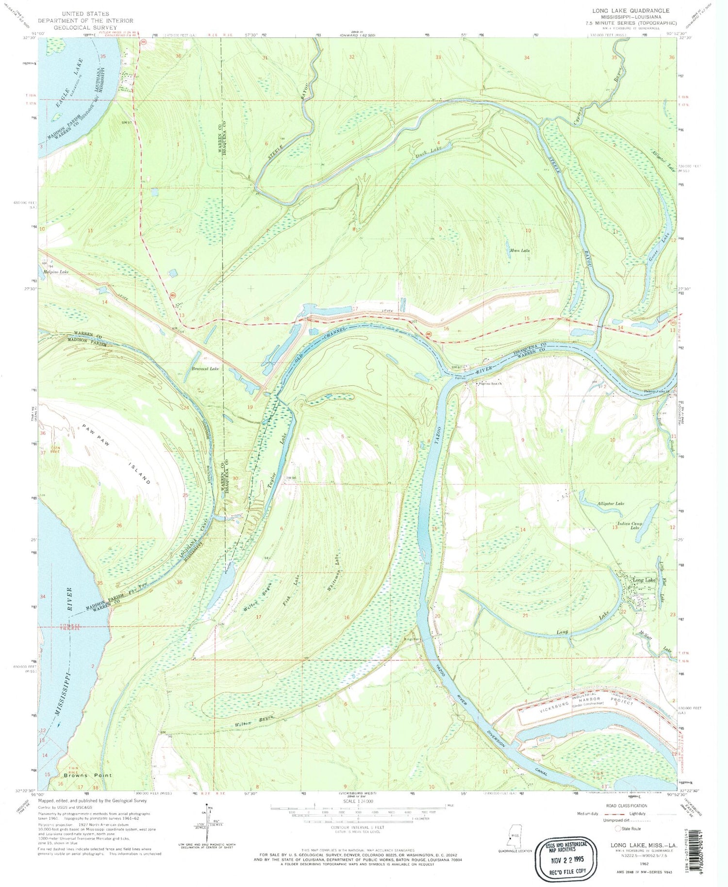 Classic USGS Long Lake Mississippi 7.5'x7.5' Topo Map Image