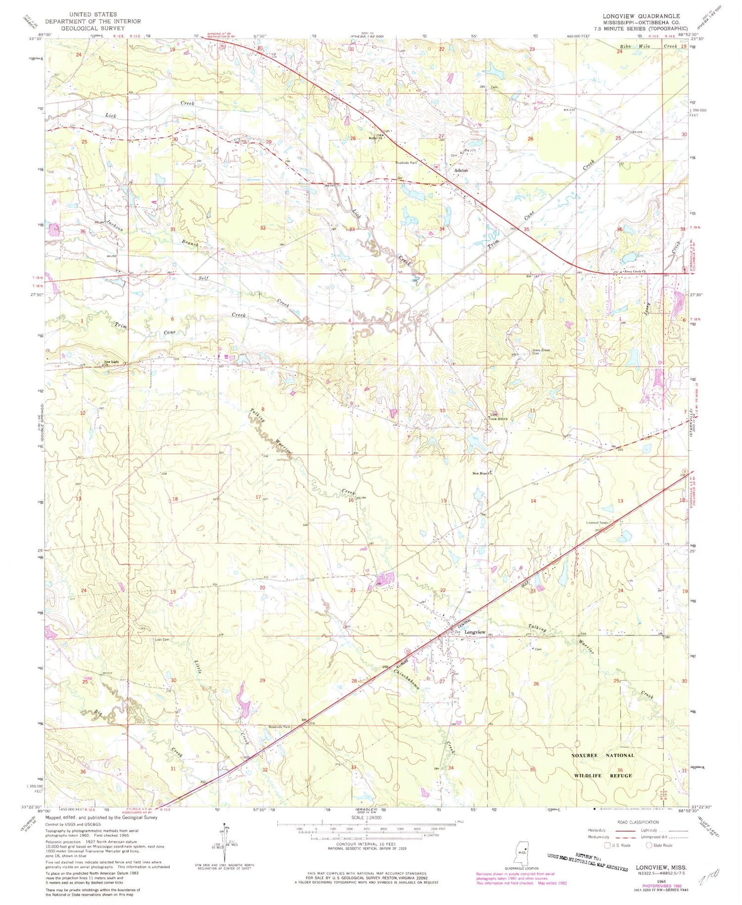 Classic USGS Longview Mississippi 7.5'x7.5' Topo Map Image