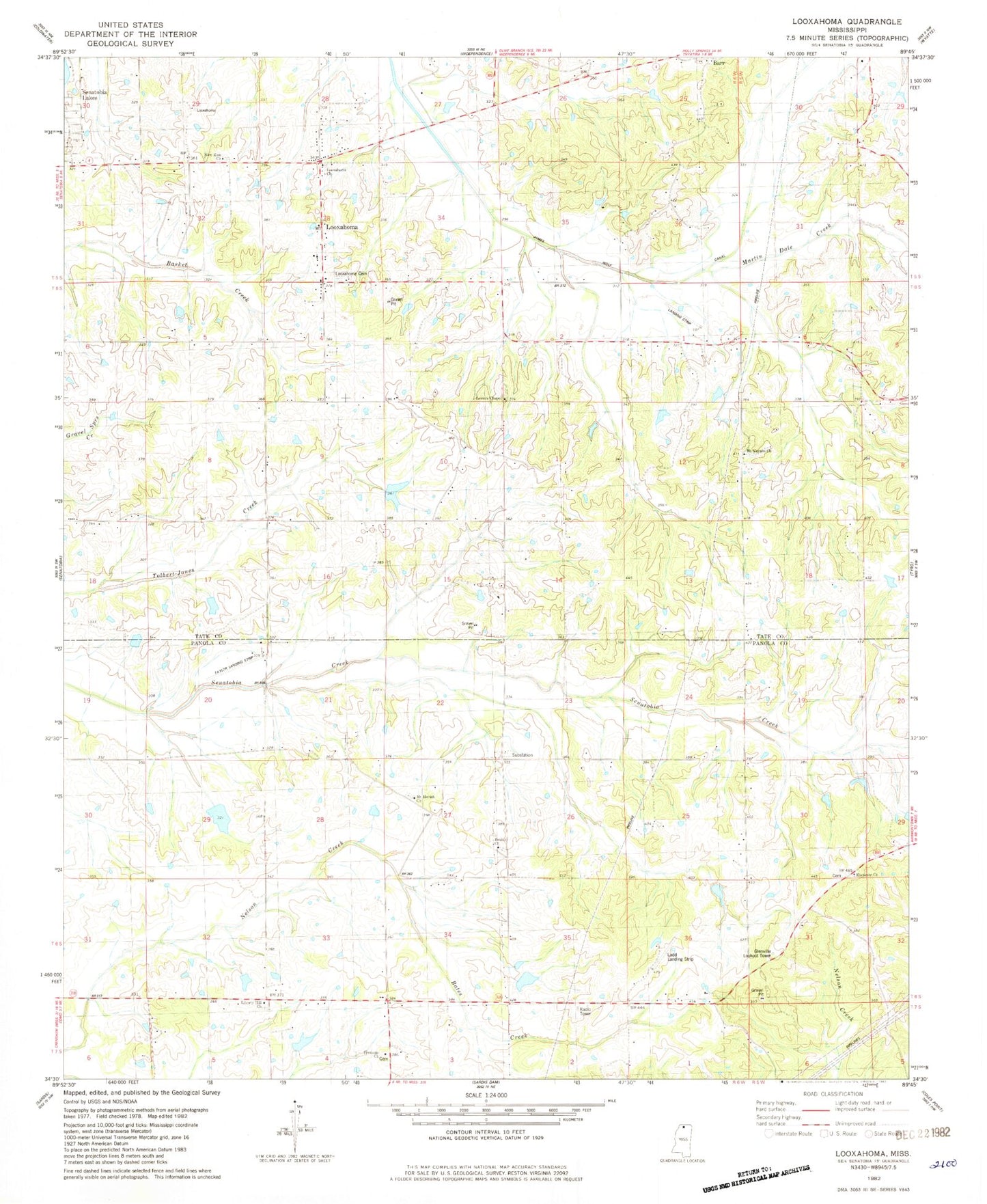 Classic USGS Looxahoma Mississippi 7.5'x7.5' Topo Map Image