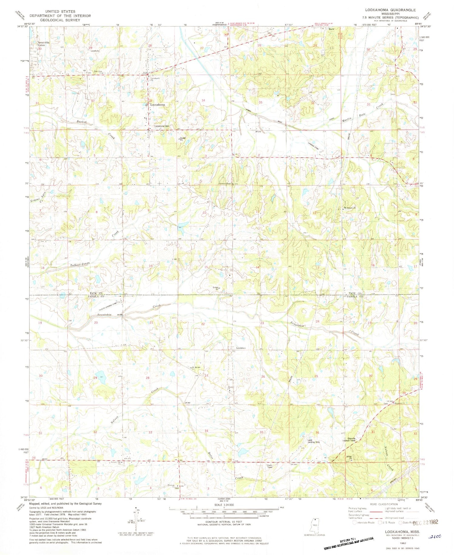 Classic USGS Looxahoma Mississippi 7.5'x7.5' Topo Map Image