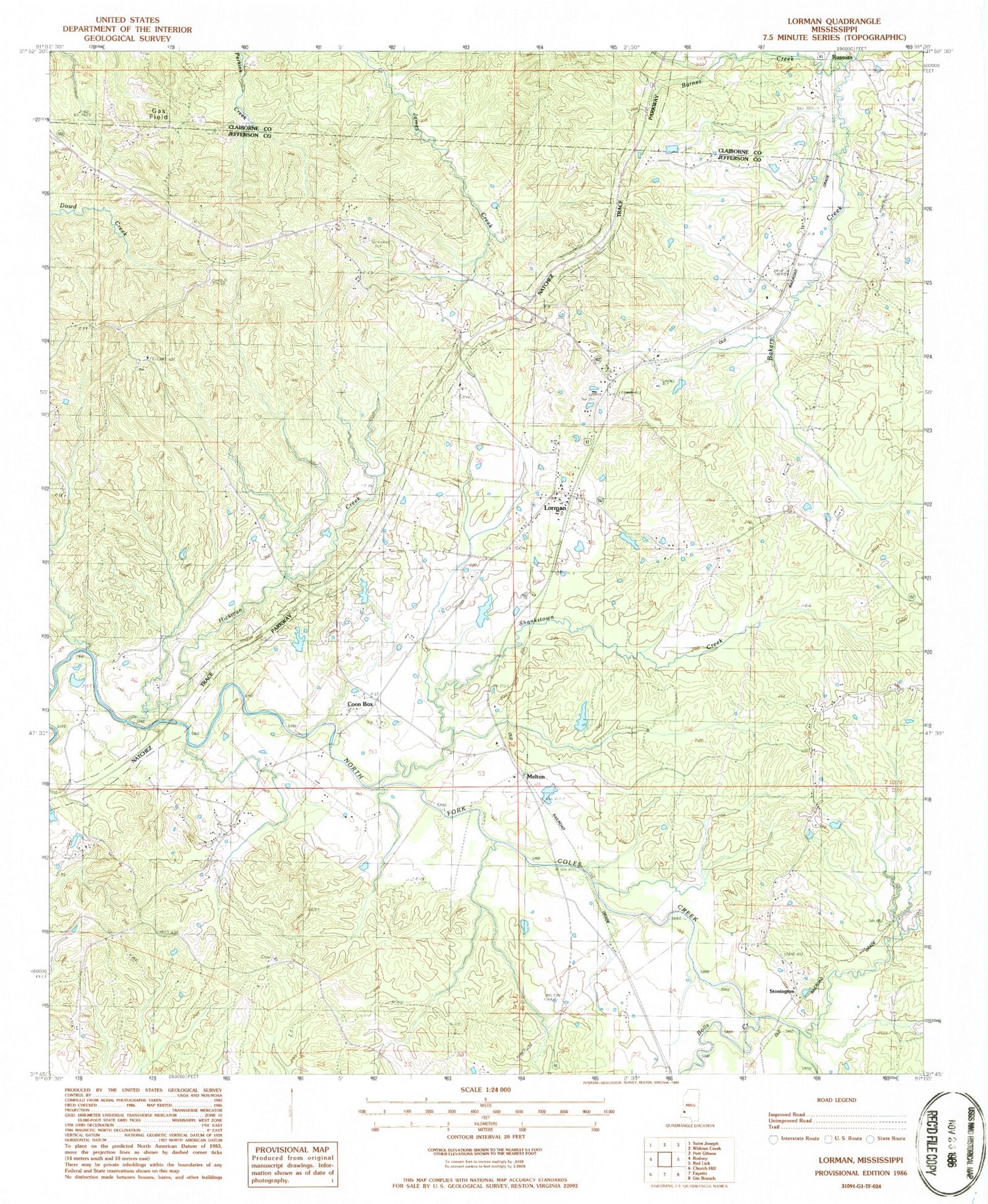 Classic USGS Lorman Mississippi 7.5'x7.5' Topo Map Image