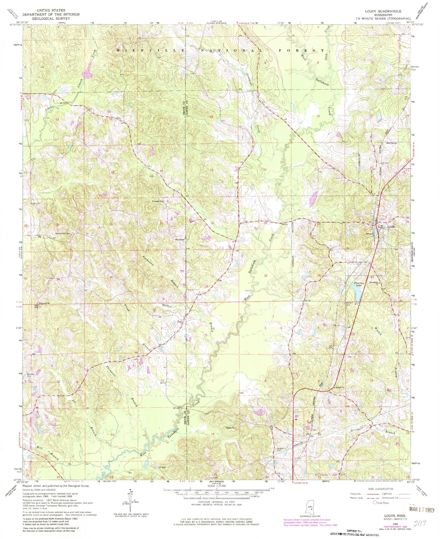 Classic USGS Louin Mississippi 7.5'x7.5' Topo Map Image