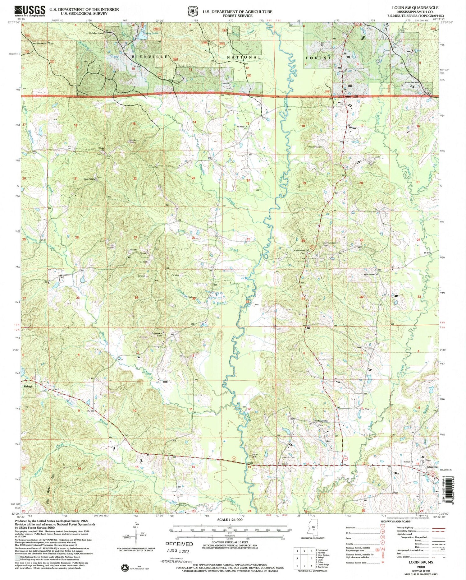 Classic USGS Louin SW Mississippi 7.5'x7.5' Topo Map Image