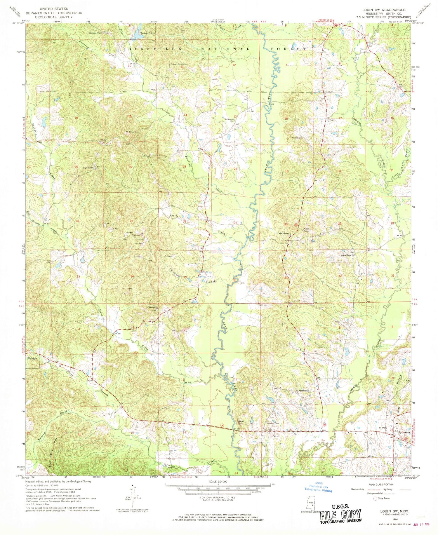 Classic USGS Louin SW Mississippi 7.5'x7.5' Topo Map Image
