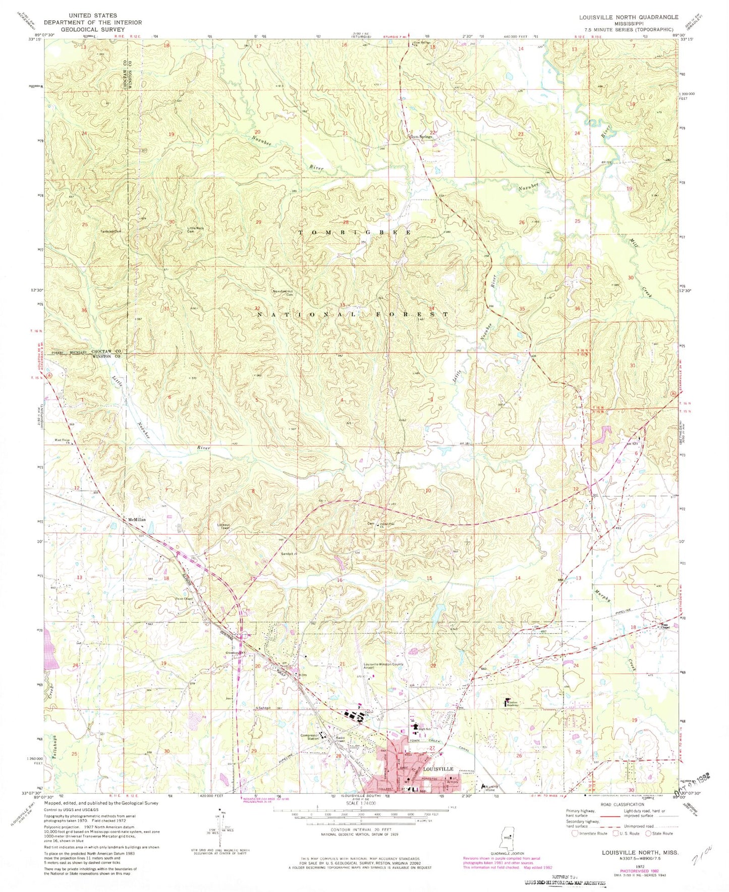 Classic USGS Louisville North Mississippi 7.5'x7.5' Topo Map Image