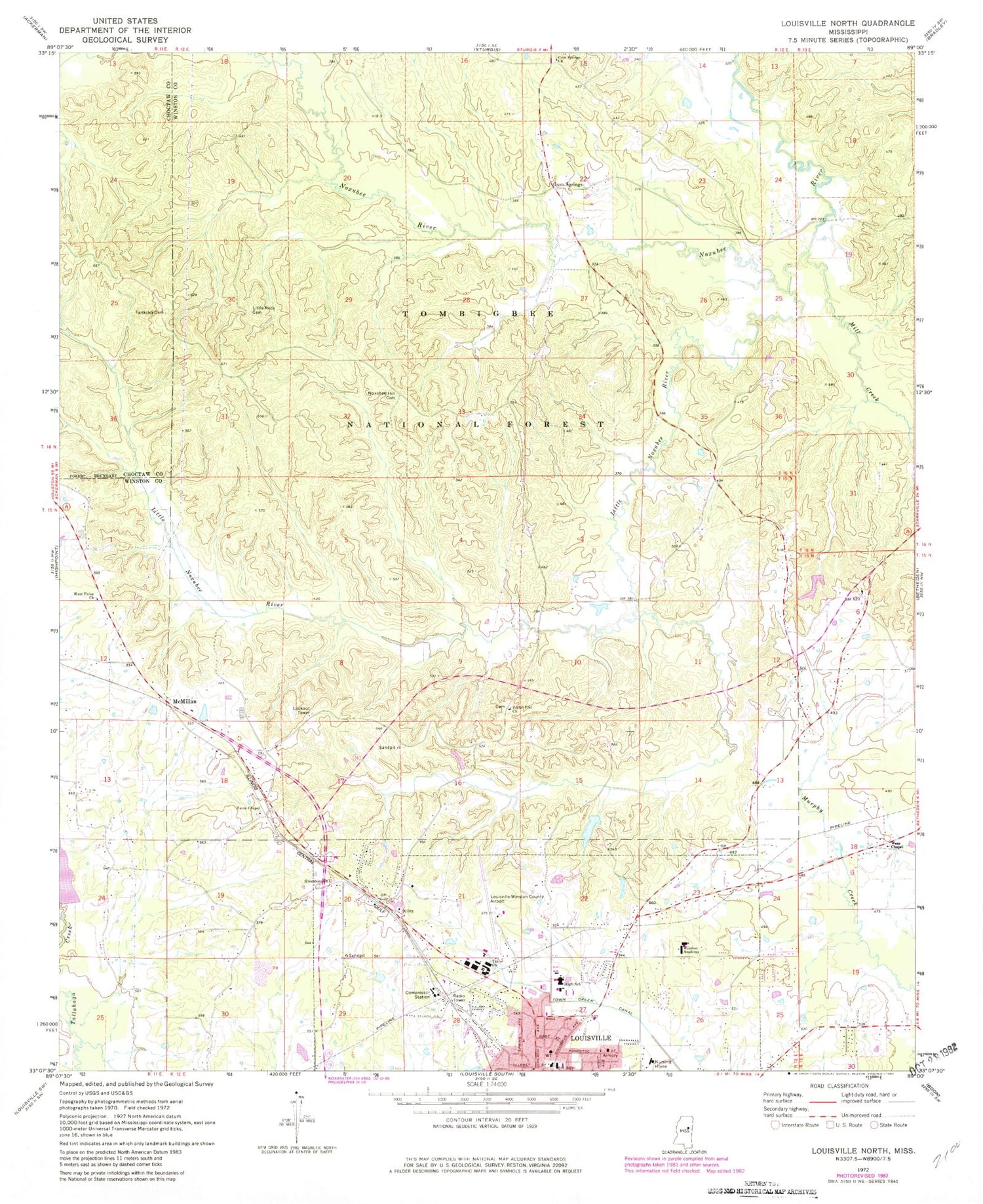 Classic USGS Louisville North Mississippi 7.5'x7.5' Topo Map Image