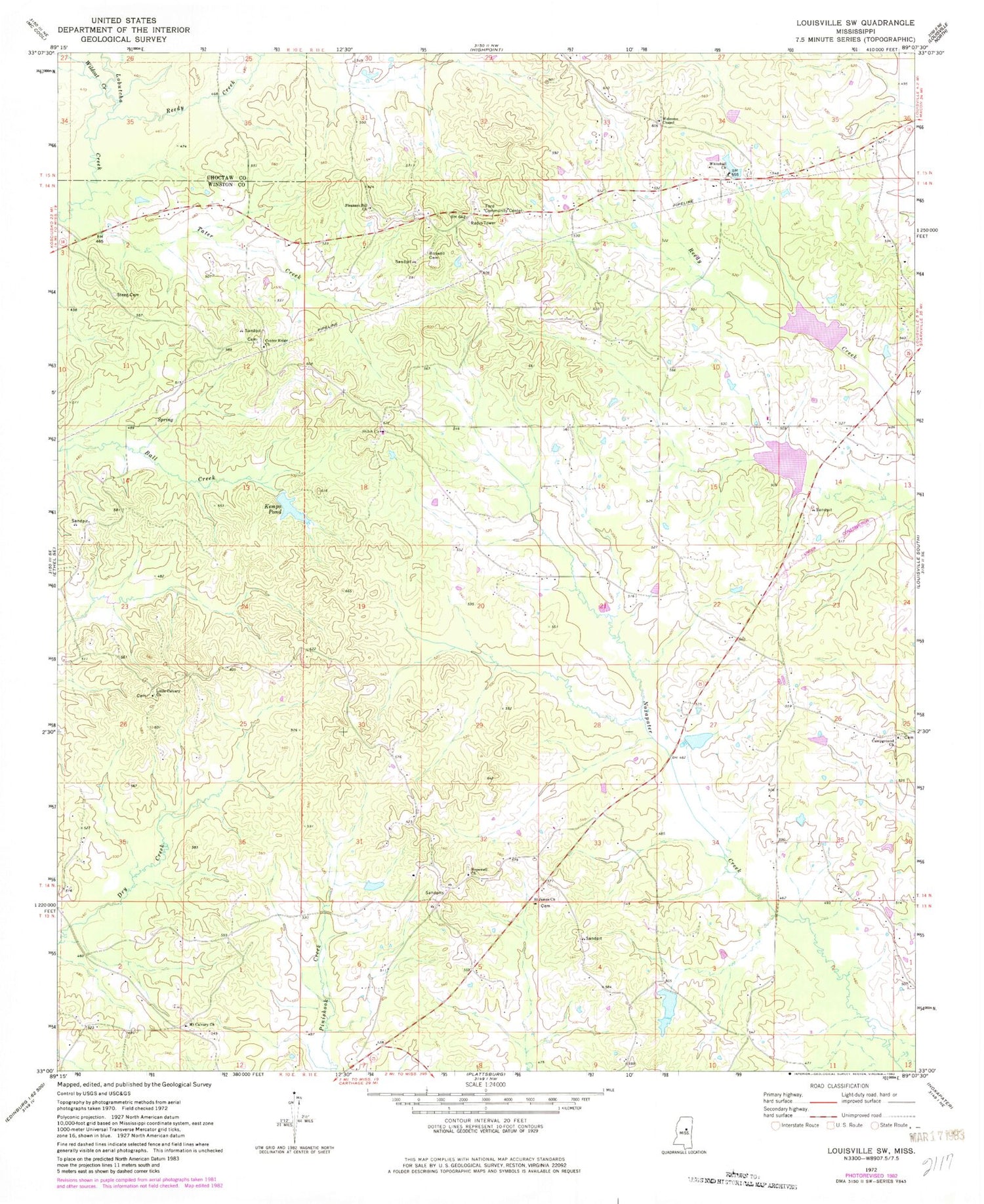 Classic USGS Louisville SW Mississippi 7.5'x7.5' Topo Map Image