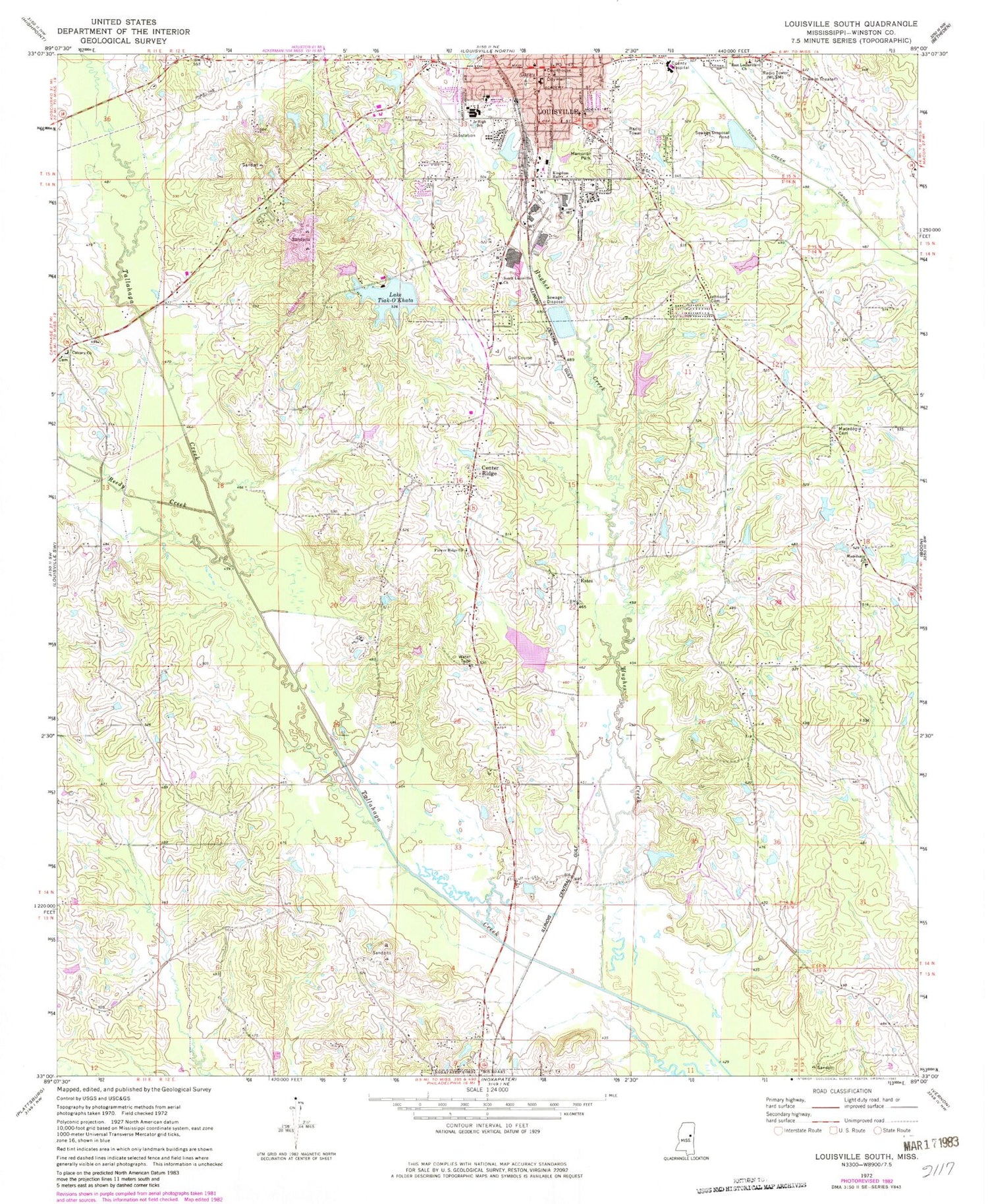 Classic USGS Louisville South Mississippi 7.5'x7.5' Topo Map Image