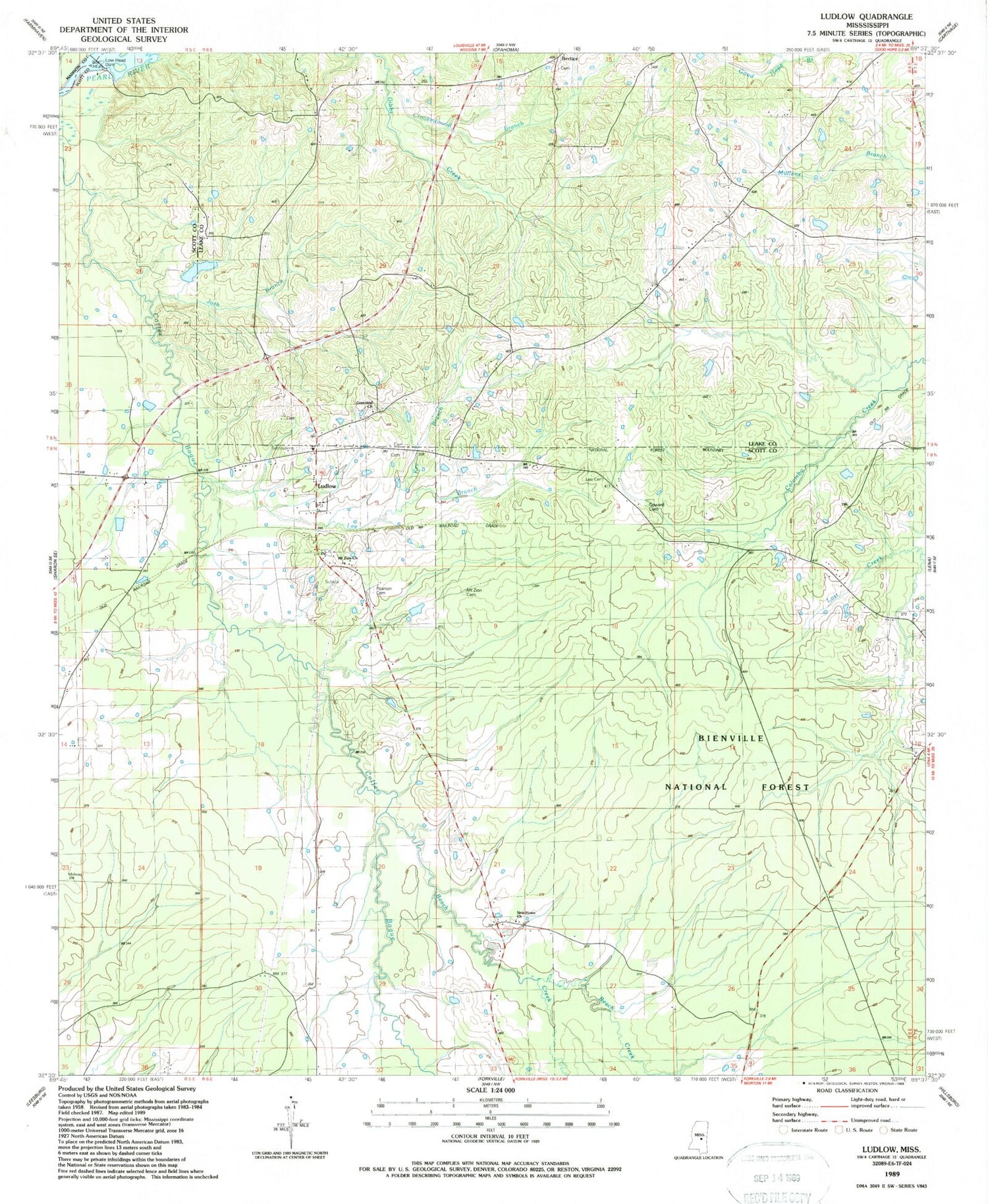 Classic USGS Ludlow Mississippi 7.5'x7.5' Topo Map Image
