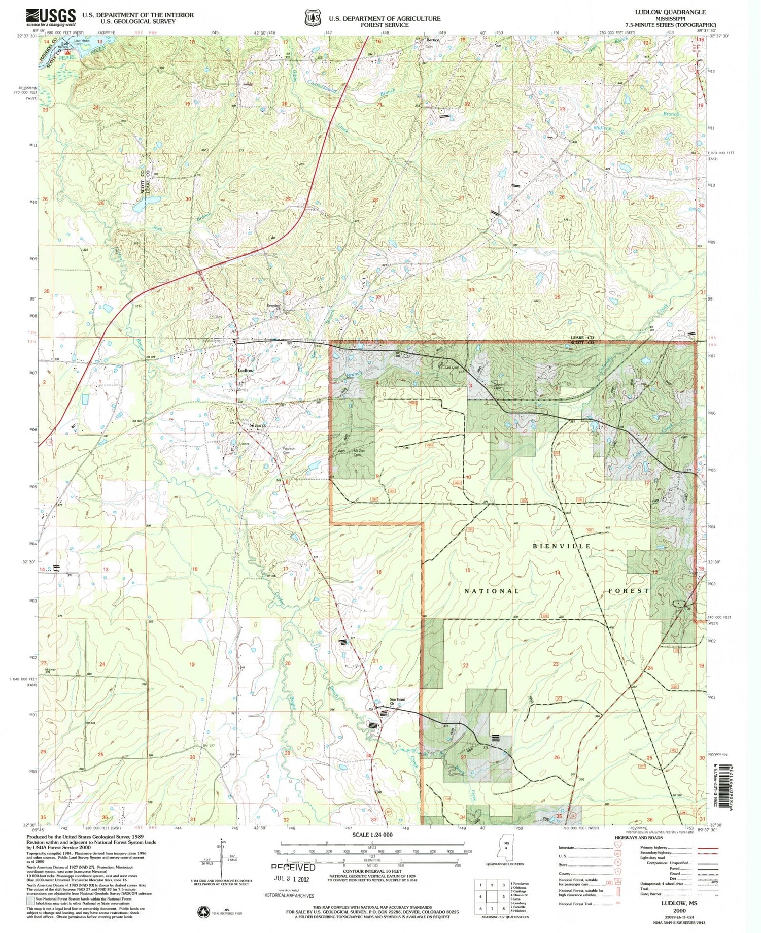 Classic USGS Ludlow Mississippi 7.5'x7.5' Topo Map Image