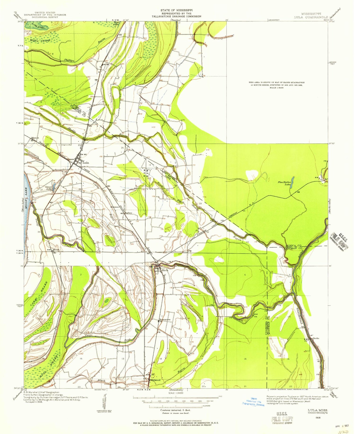 Classic USGS Lula Mississippi 7.5'x7.5' Topo Map Image