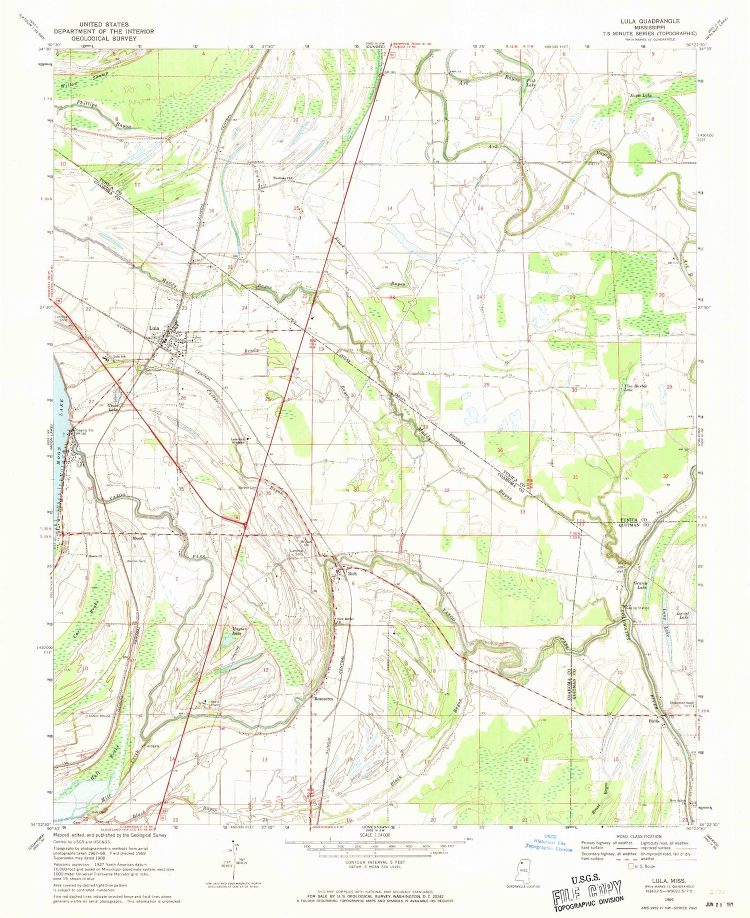 Classic USGS Lula Mississippi 7.5'x7.5' Topo Map Image