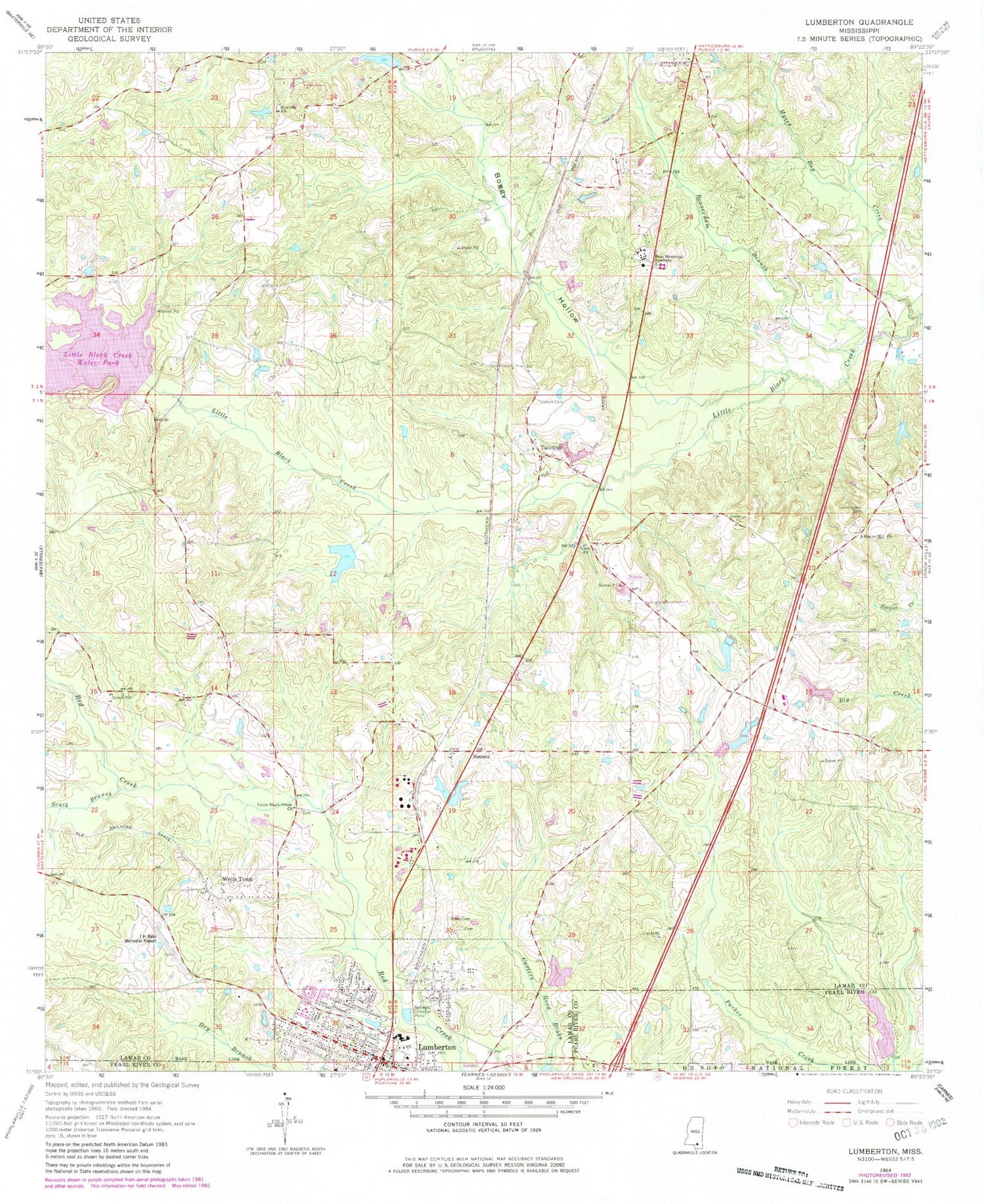 Classic USGS Lumberton Mississippi 7.5'x7.5' Topo Map Image