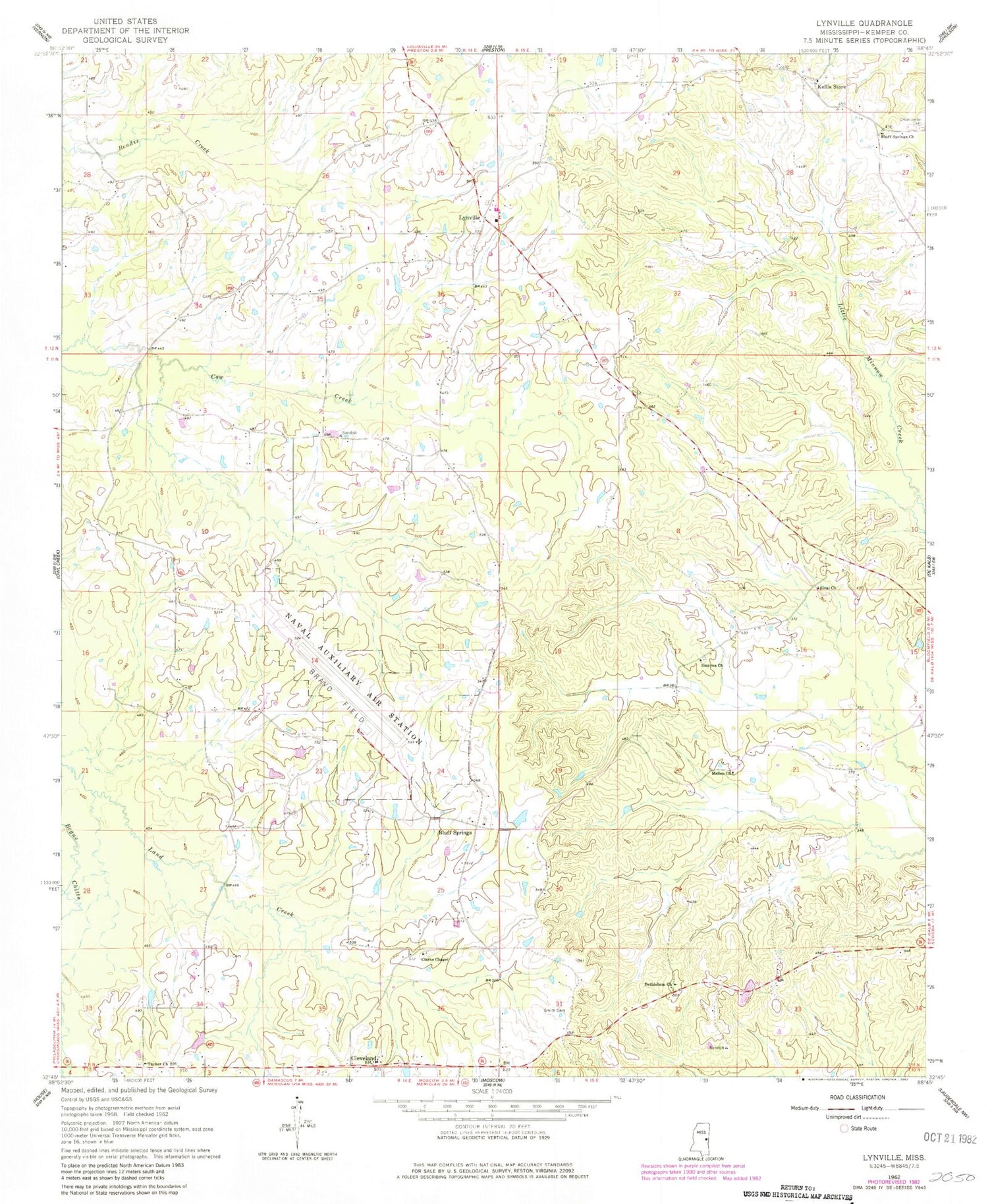 Classic USGS Lynville Mississippi 7.5'x7.5' Topo Map Image