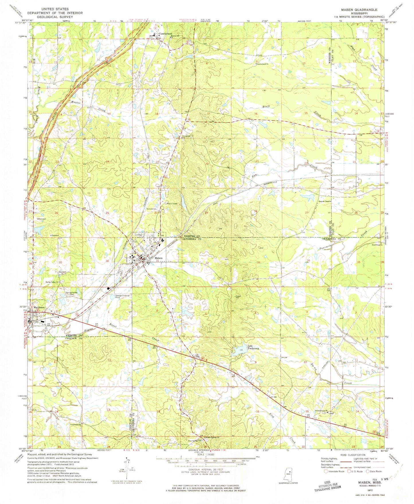 Classic USGS Maben Mississippi 7.5'x7.5' Topo Map Image
