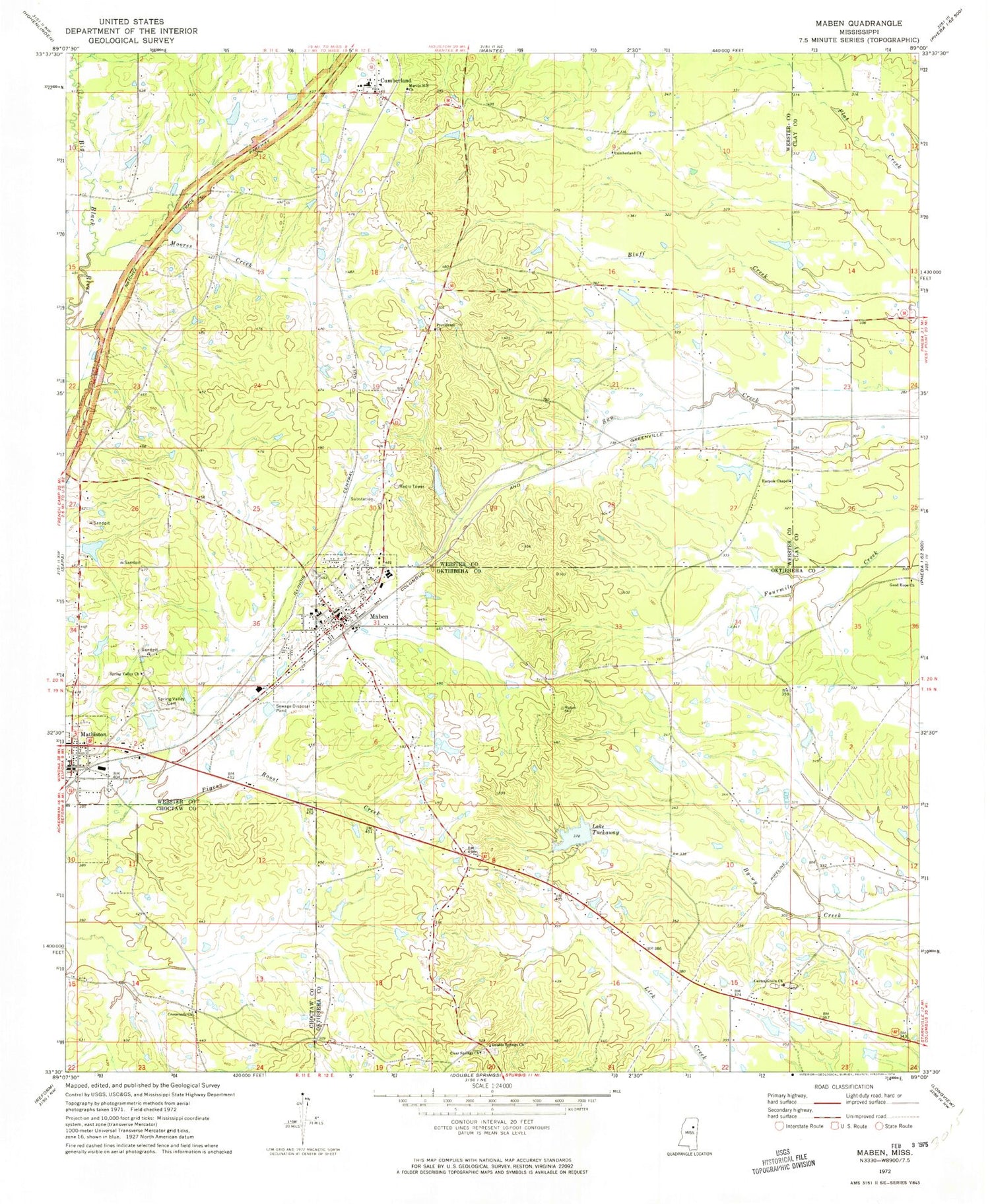 Classic USGS Maben Mississippi 7.5'x7.5' Topo Map Image