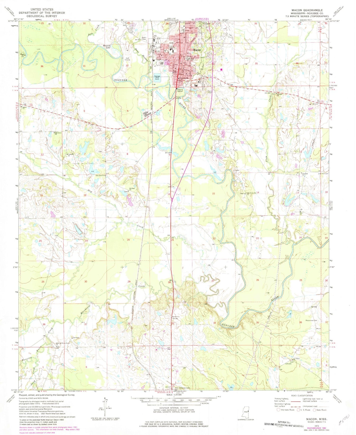 Classic USGS Macon Mississippi 7.5'x7.5' Topo Map Image