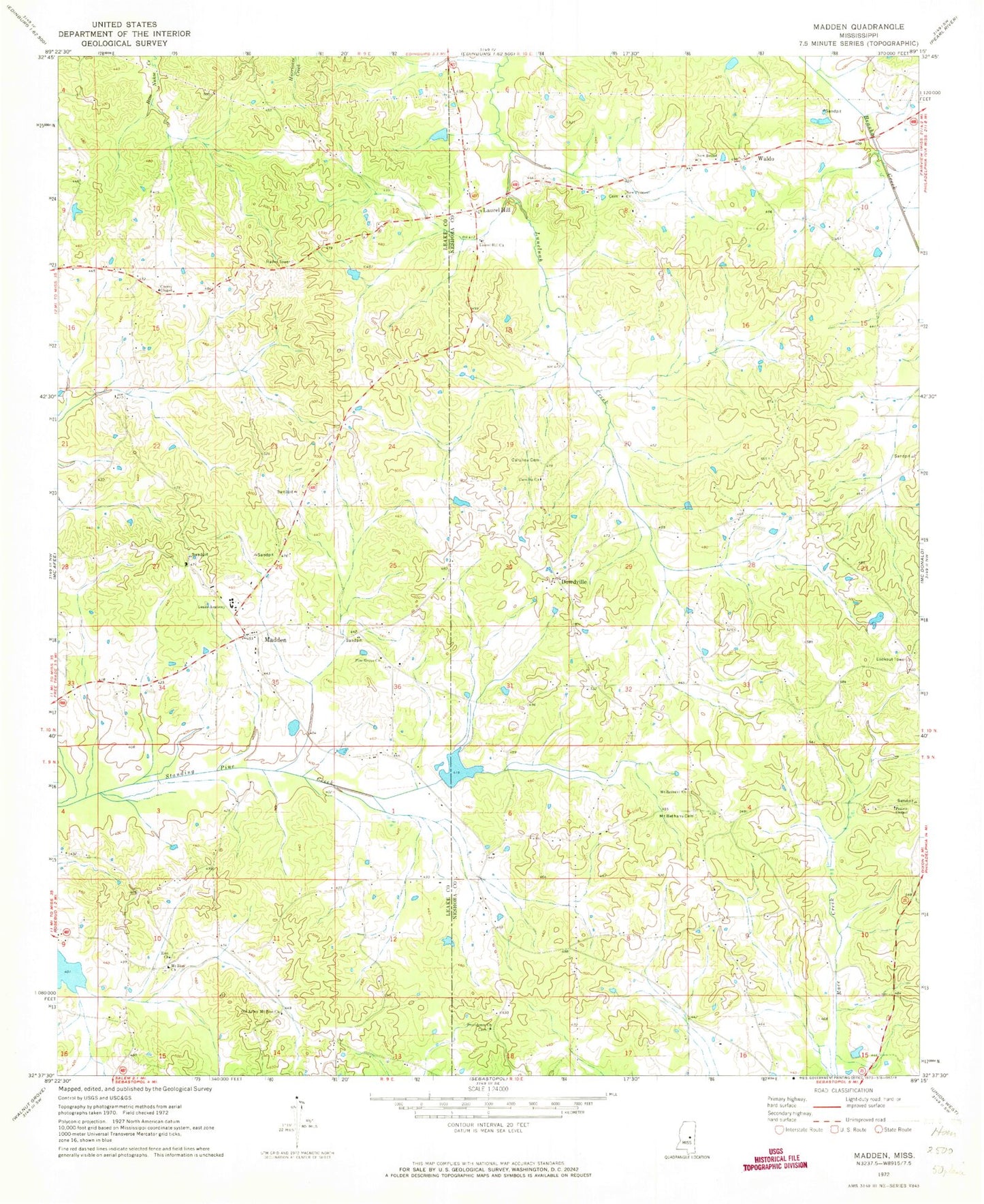 Classic USGS Madden Mississippi 7.5'x7.5' Topo Map Image