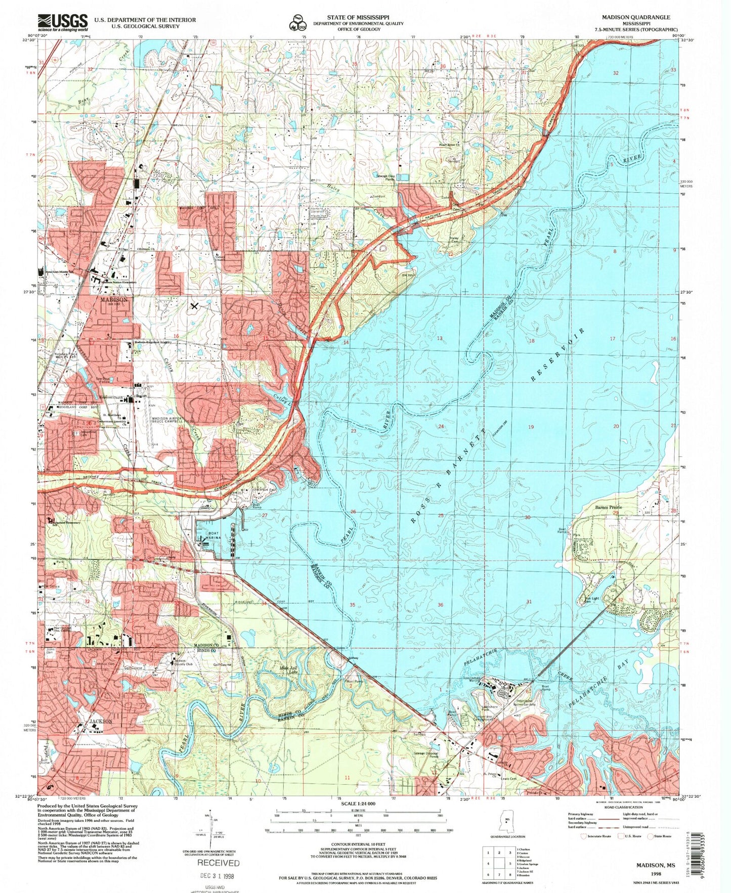 Classic USGS Madison Mississippi 7.5'x7.5' Topo Map Image