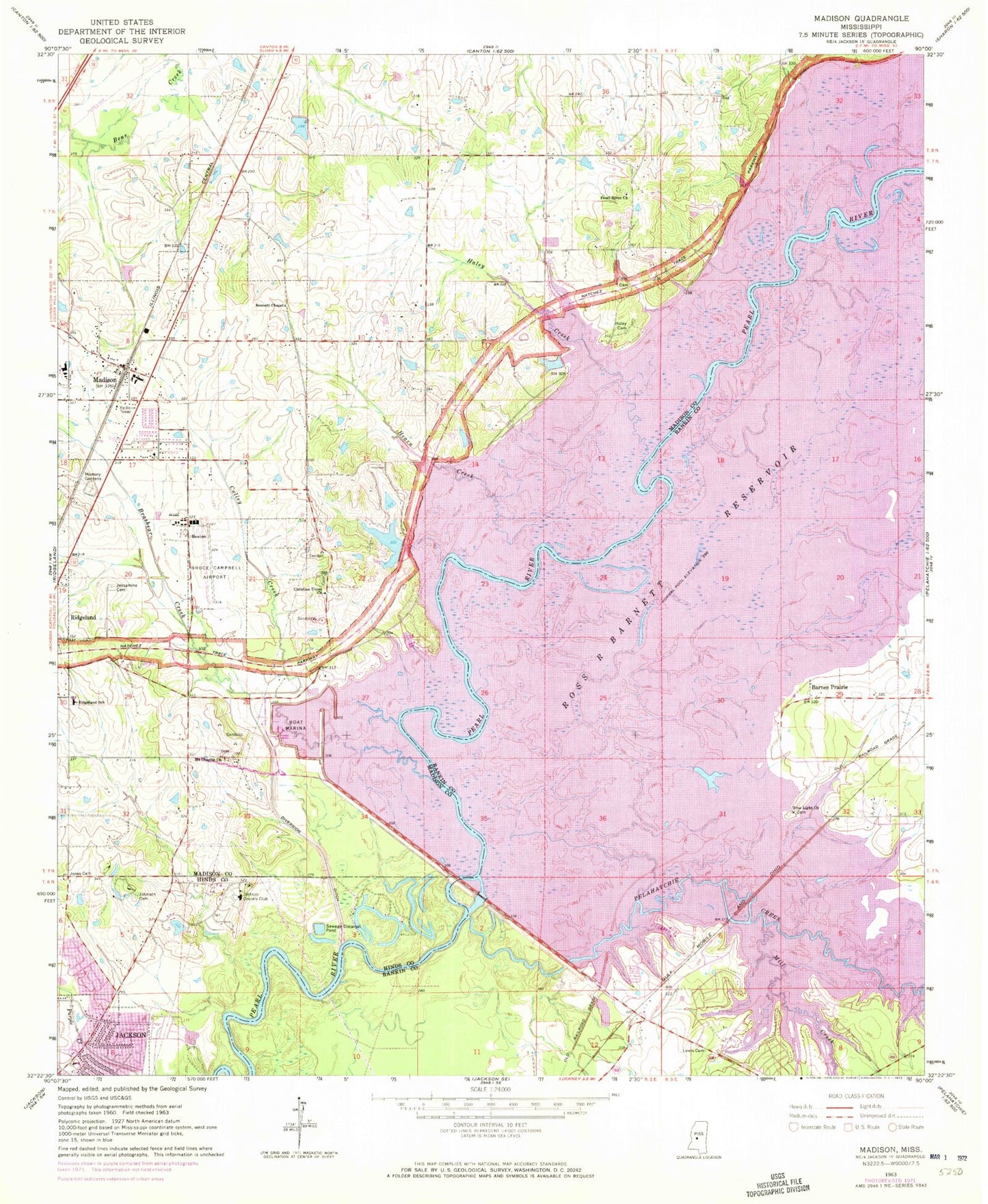 Classic USGS Madison Mississippi 7.5'x7.5' Topo Map Image