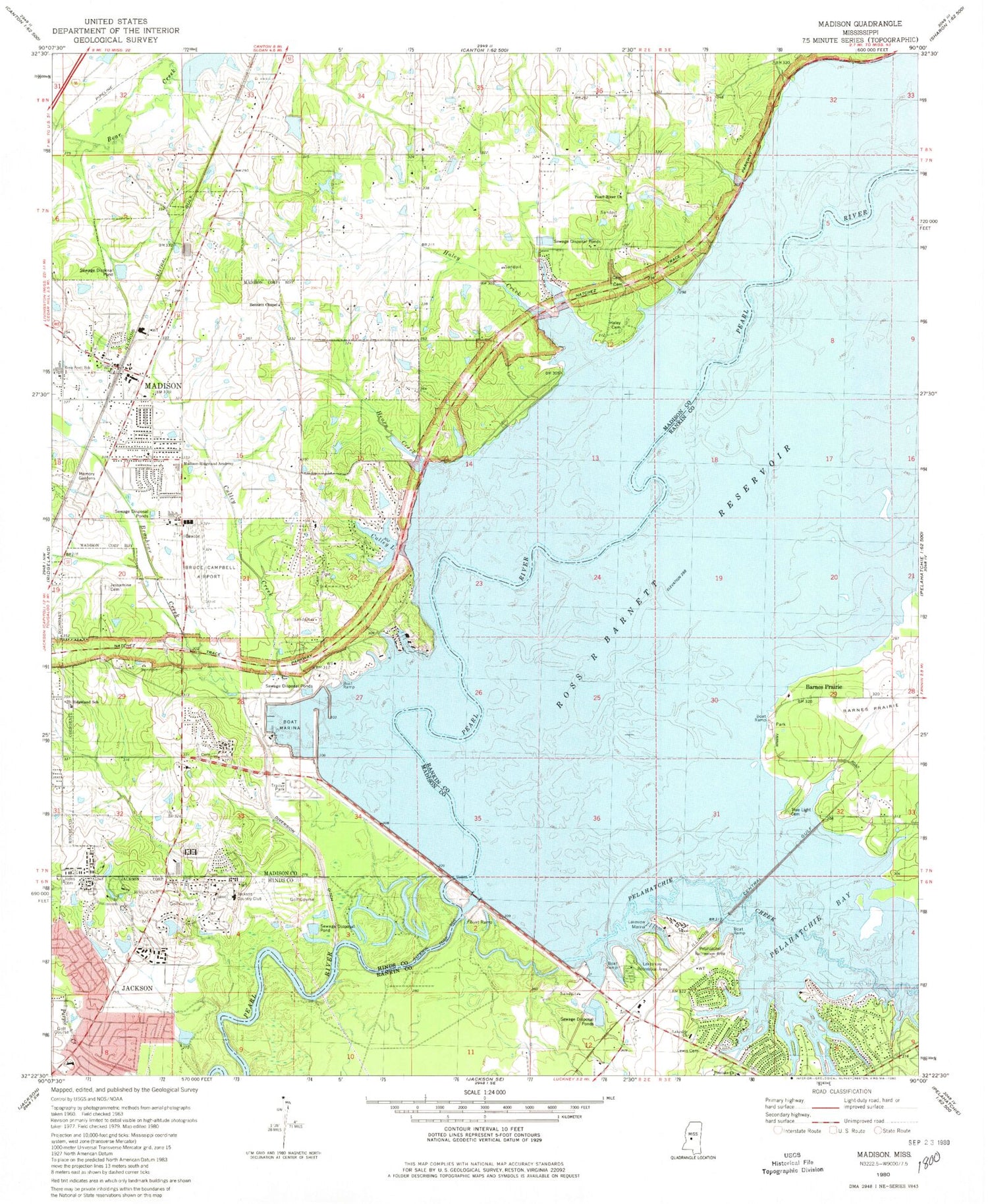 Classic USGS Madison Mississippi 7.5'x7.5' Topo Map Image