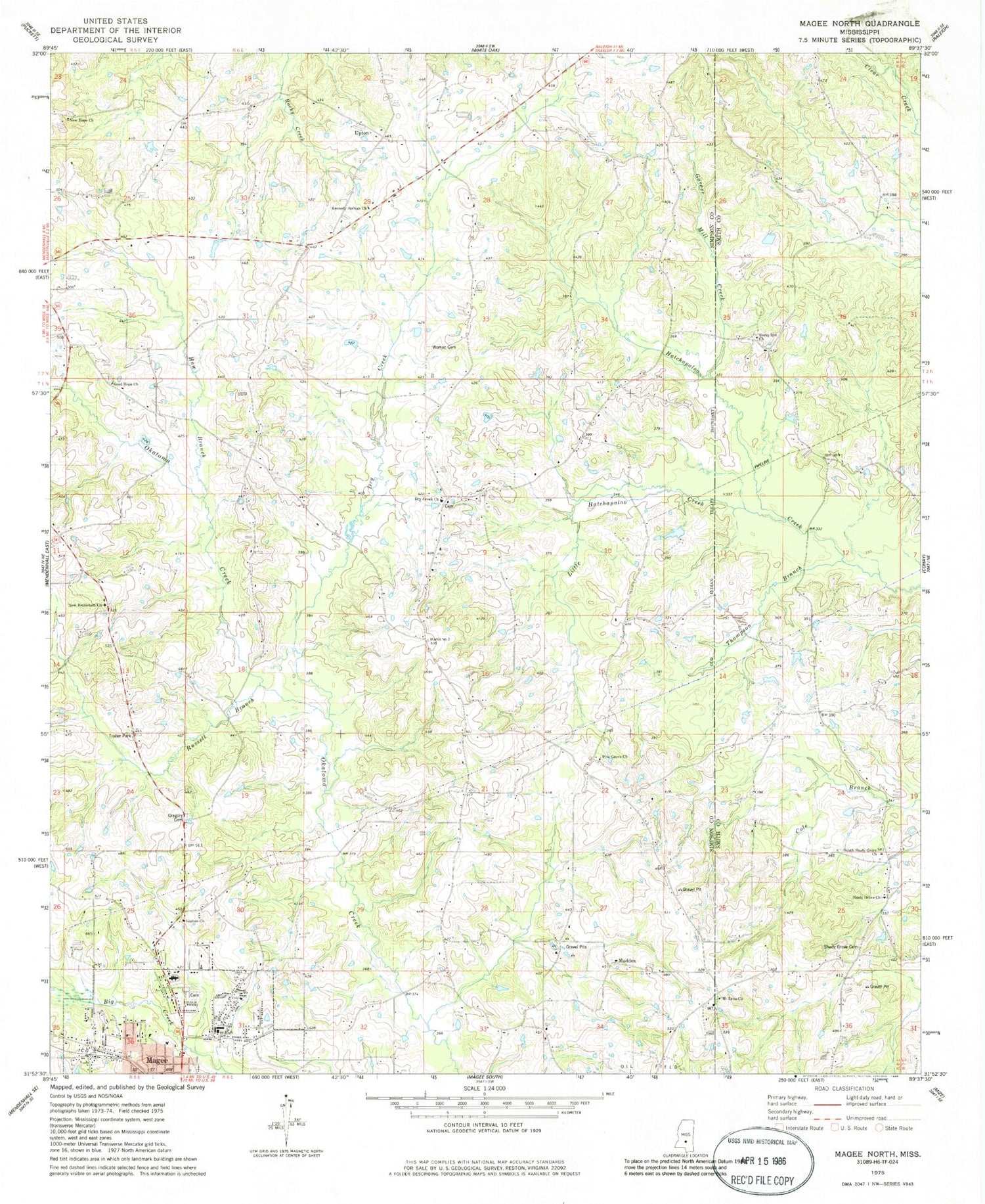 Classic USGS Magee North Mississippi 7.5'x7.5' Topo Map Image