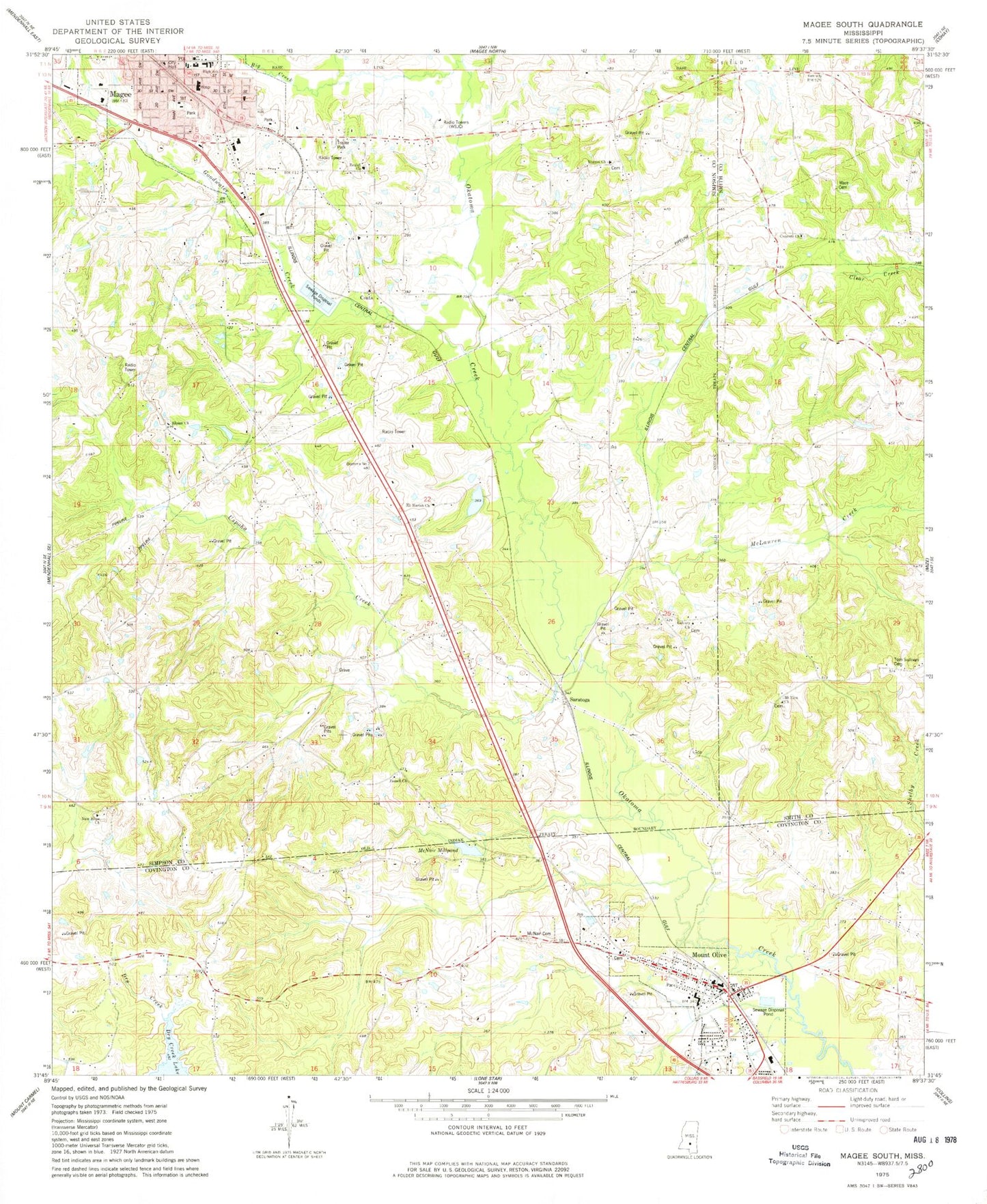 Classic USGS Magee South Mississippi 7.5'x7.5' Topo Map Image