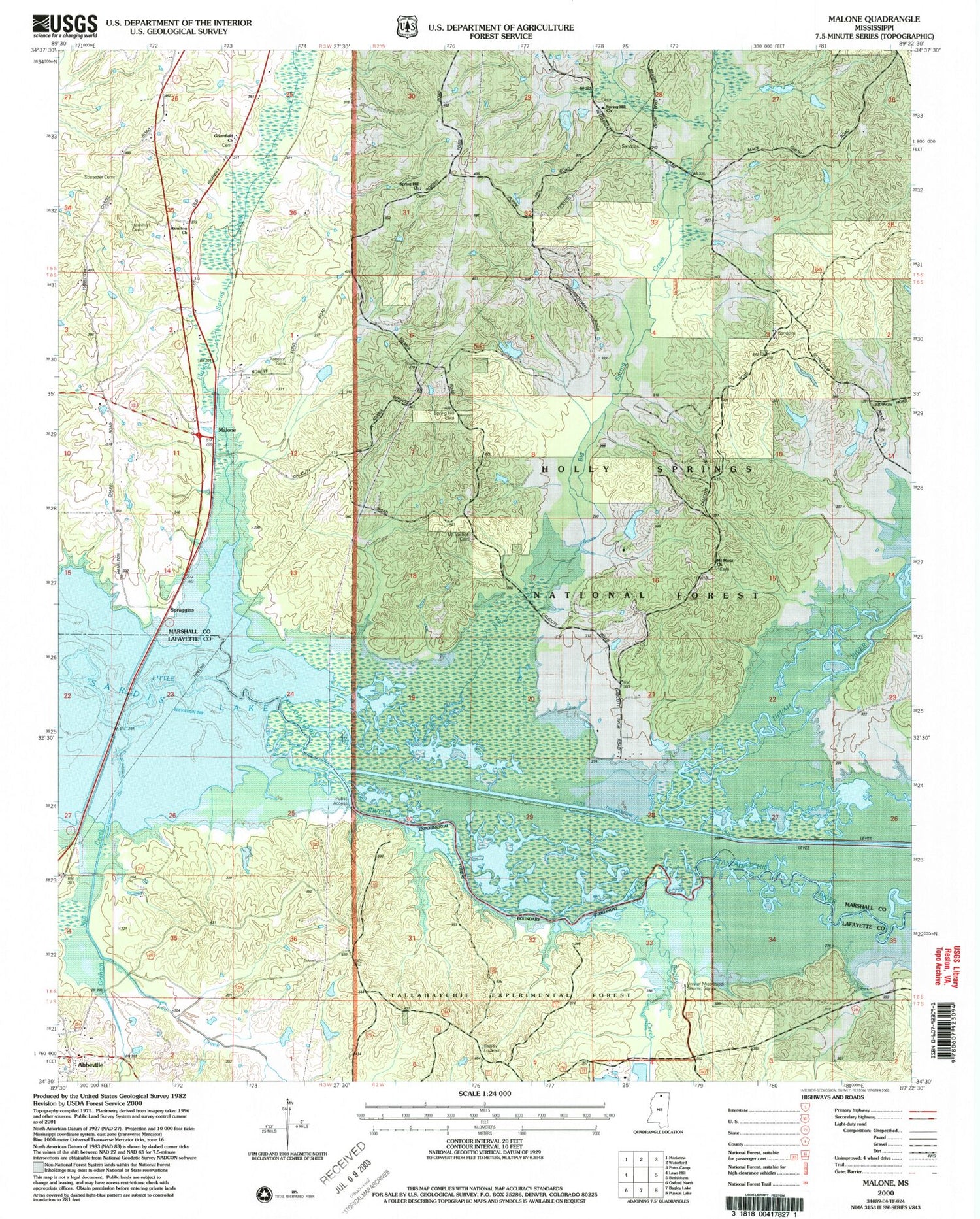 Classic USGS Malone Mississippi 7.5'x7.5' Topo Map Image