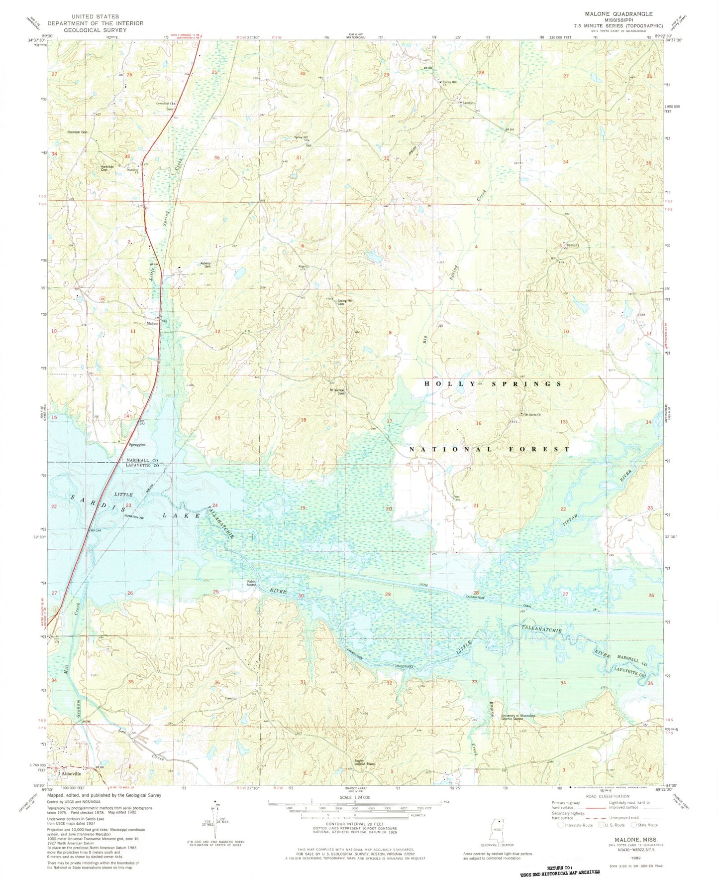 Classic USGS Malone Mississippi 7.5'x7.5' Topo Map Image